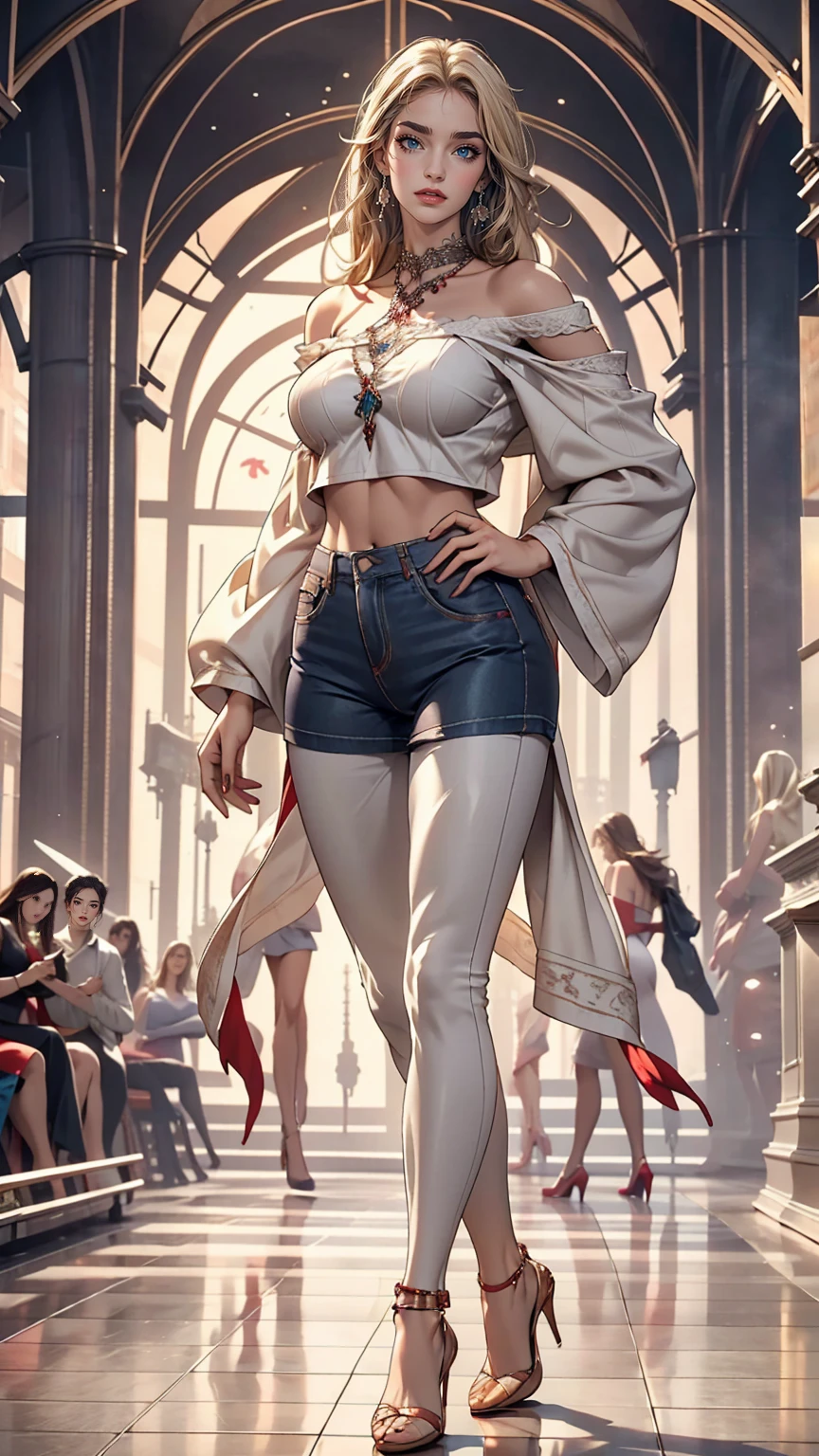24-year-old female、White、Straight Hair、Sexy proportions、Beautiful breasts、Slender figure、Reddish、blue eyes、Wear off-the-shoulder tops、Lower milk visible、Navel visible、Wear low rise leggings、Wear stiletto heels、Place your hands on your hips、smile、Skyscraper background、Cowboy Shot