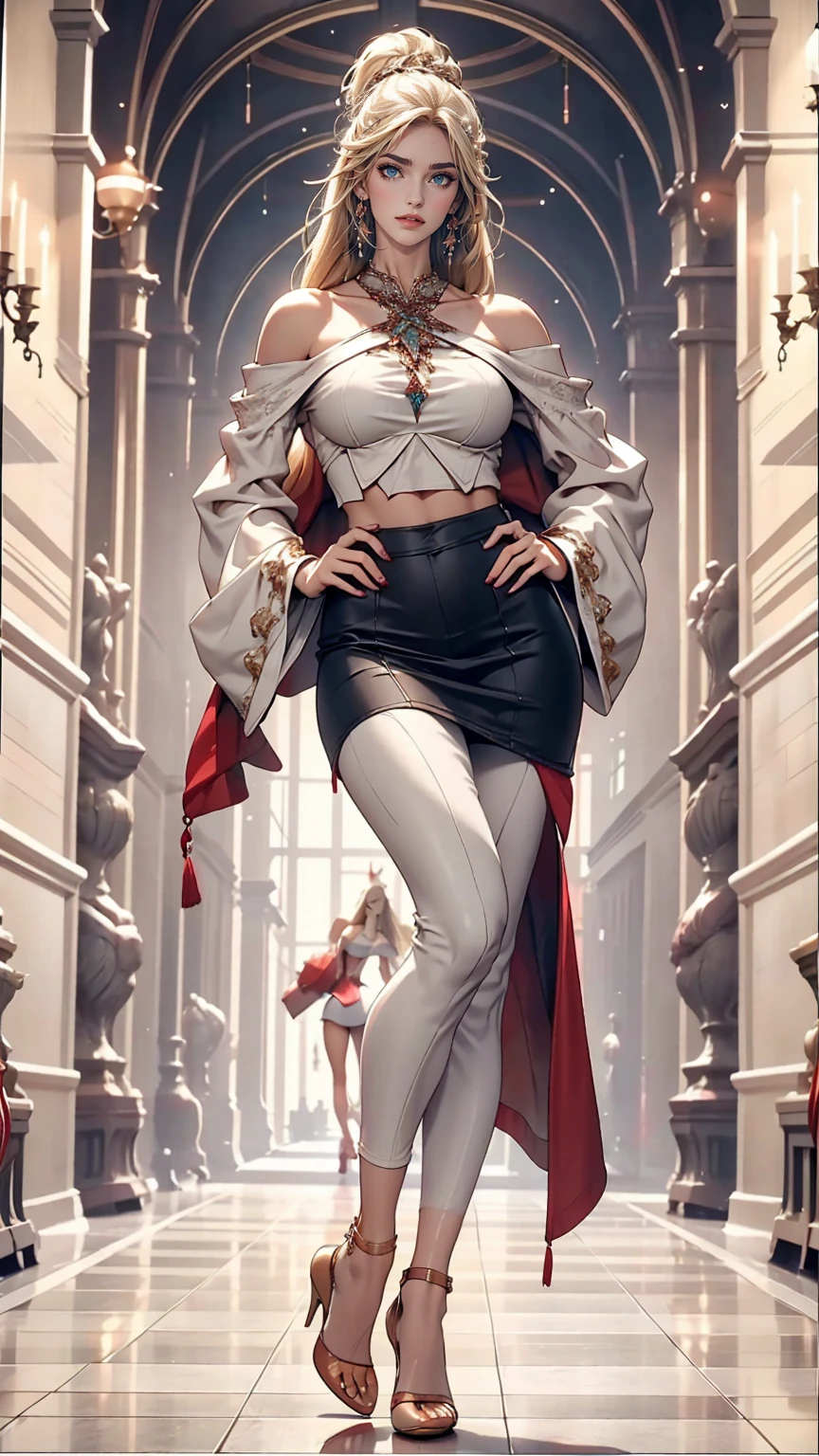 24-year-old female、White、Straight Hair、Sexy proportions、Beautiful breasts、Slender figure、Reddish、blue eyes、Wear off-the-shoulder tops、Lower milk visible、Navel visible、Wear low rise leggings、Wear stiletto heels、Place your hands on your hips、smile、Skyscraper background、Cowboy Shot