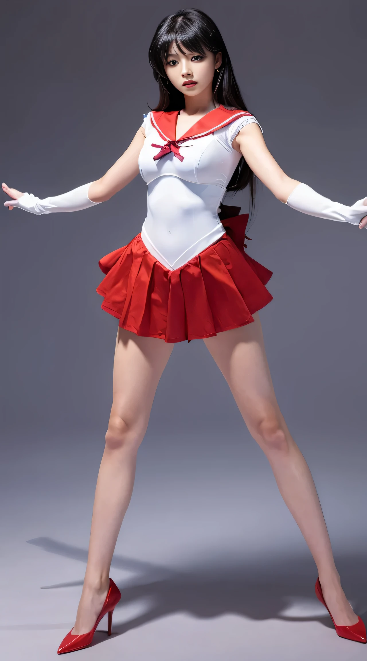 1 girl,Long Hair, (high quality,8k,Black Hair, Realistic, high quality,masterpiece,Very detailed, Confused)1.5,((Summer 1, tiara, Sailor Warriors, White gloves, Red sailor collar, Red Skirt)), White gloves,Purple ribbon,Purple eyes, High heels, (Full body photo, Are standing:1.5), Huge breasts，細Long legs、Are standing，Long legs、Solid color background、Open your arms、Spread your legs、Symmetrical