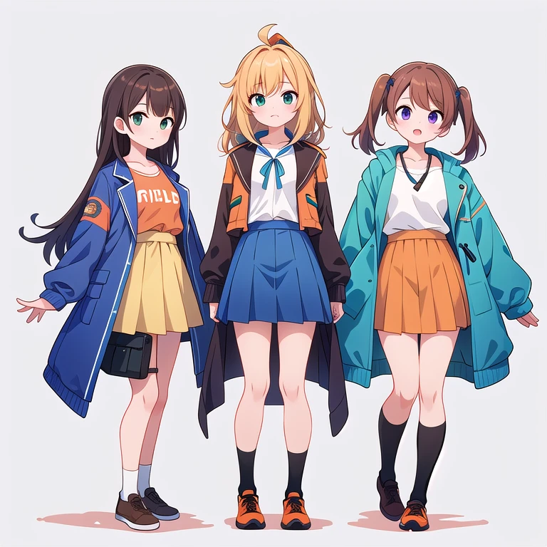 (((Best Quality))) , ((full body)), female, 3 girls, white background, random hairstyles, mini skirt, blue, orange, green, violet, brown, white, mess jacket,