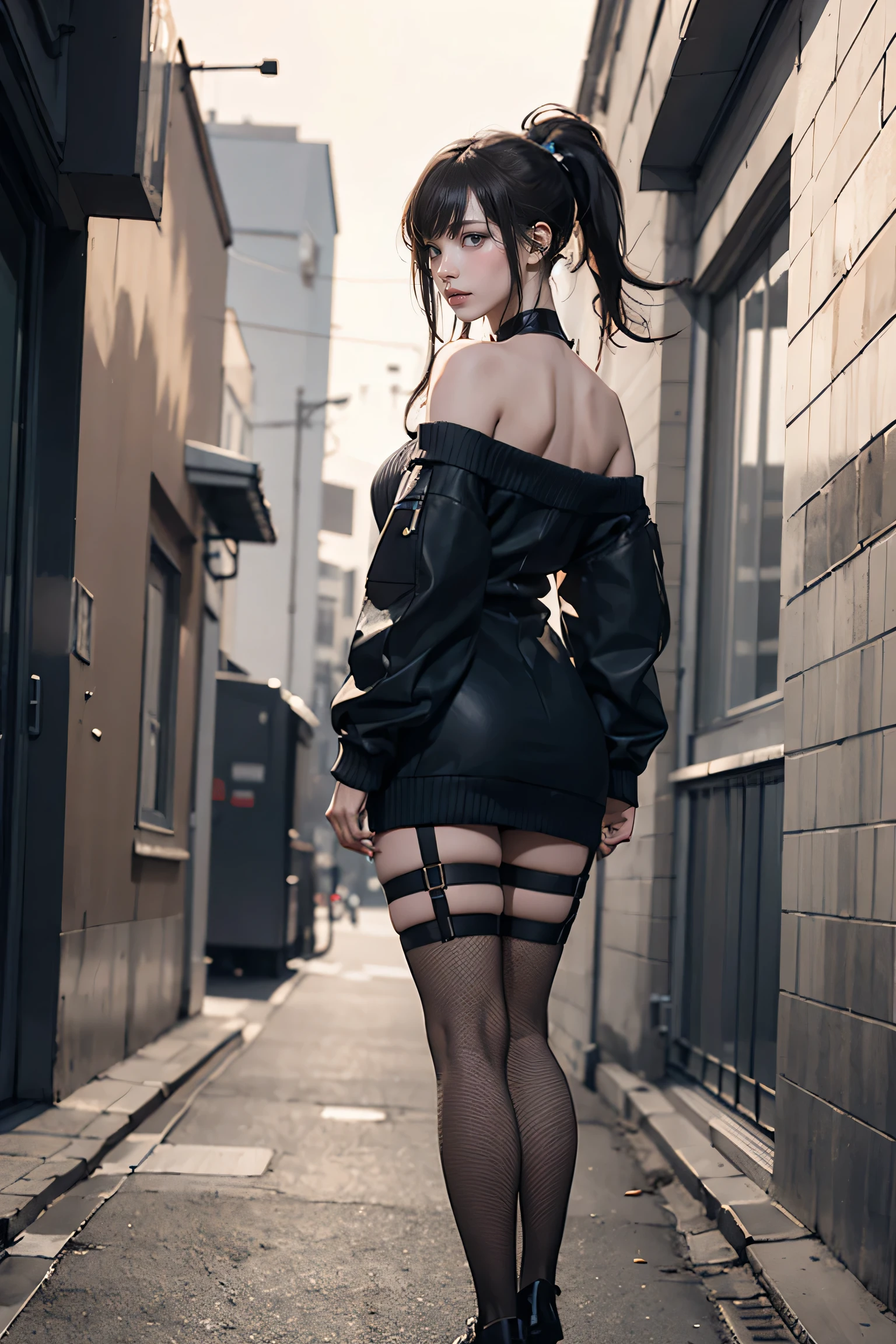 (((nsfw0.8))),Looking at the camera,(((highest quality, 8k, masterpiece))), ponytail,Sharp focus, (Beautiful woman with perfect figure), thin, (Hairstyle: Excellent)), ((Back alley at night)), street: 1.2 Highly detailed face and skin texture Detailed eyes double eyelid random pose, (smile), Realistic Face, double eyelid,smile, Cyberpunk City , At sunset , Beautiful Teeth , Thigh straps, Wear a leather jacket、Off-the-shoulder sweater、Grey vertical rib sweater dress、Fishnet tights、garter belt、Night view、Full Body Shot, Centered,