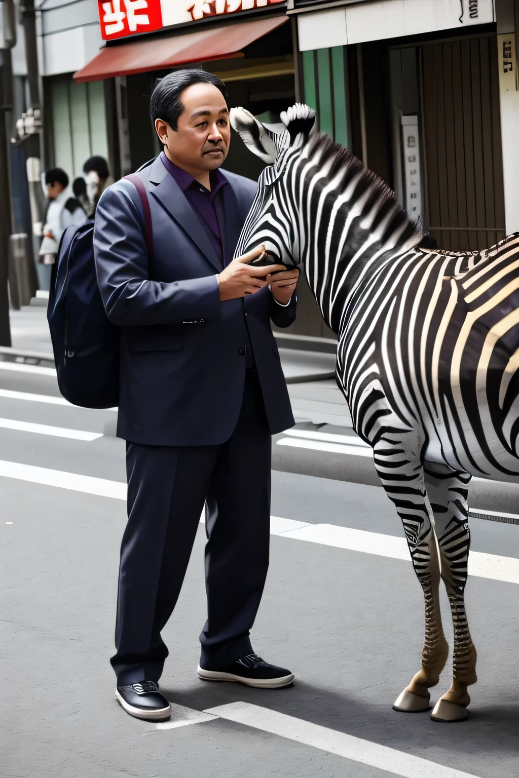A middle-aged man catches a zebra in Tokyo