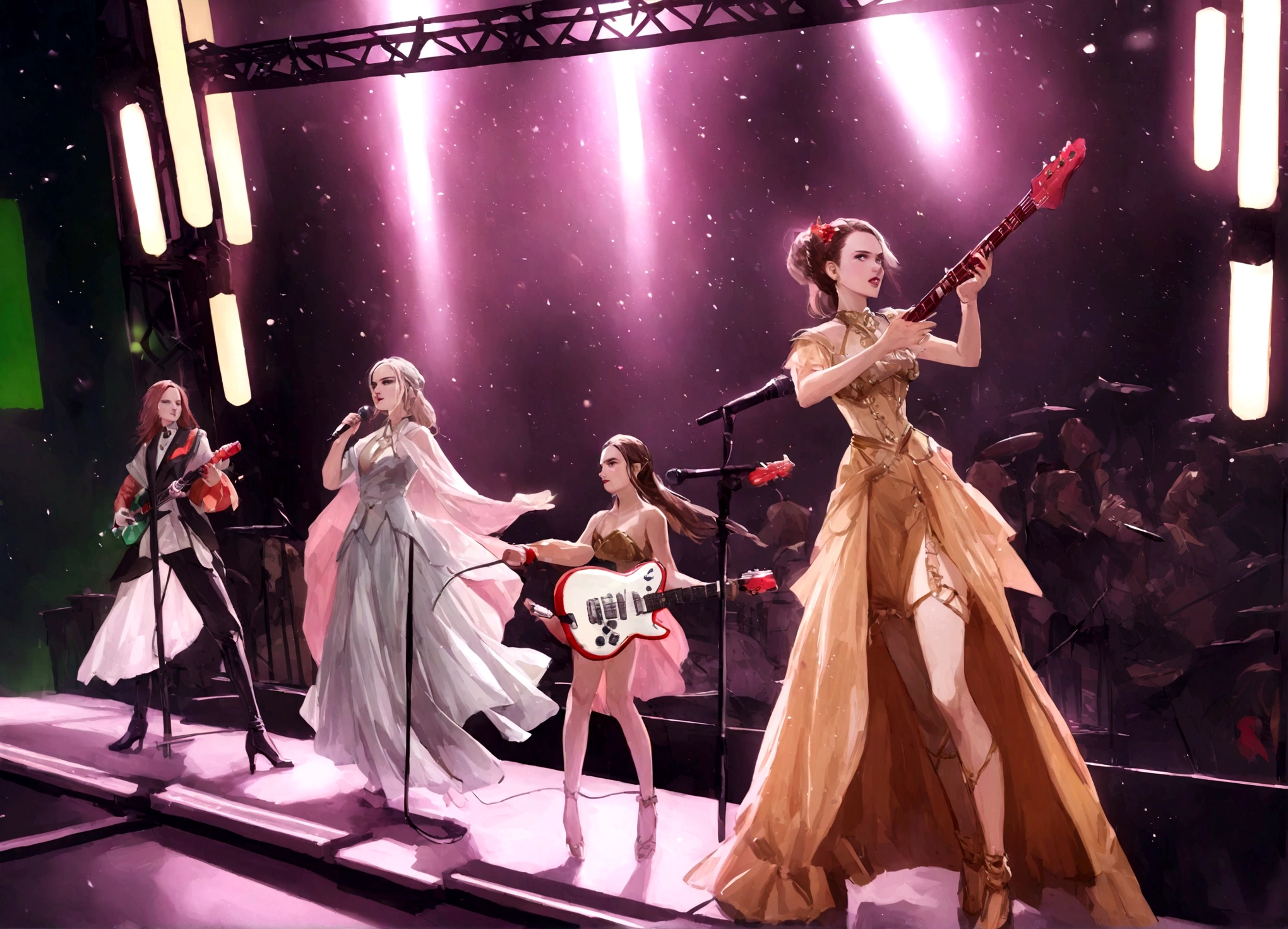 Ray (Daisy Ridley) and Queen Amidala (Natalie Portman age 25) are on a Naboo themed stage, they have neon lit electric guitars, power ballad, rock opera
