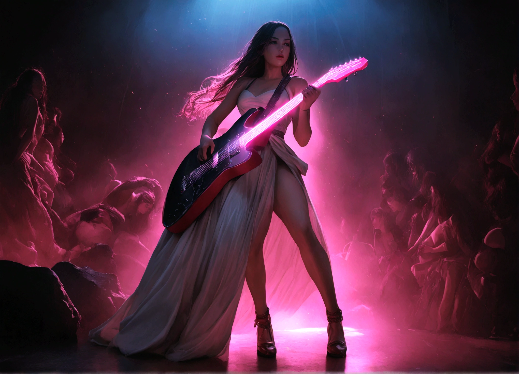 a beautiful young woman with long dark hair and a young woman with long dark hair, ray (daisy ridley) and queen amidala (natalie portman age 25), on a naboo themed stage, holding neon lit electric guitars, power ballad, rock opera, hyperrealistic, 8k, detailed lighting, dramatic cinematic lighting, glowing neon lights, volumetric lighting, chiaroscuro lighting, high contrast, vibrant colors, dramatic atmosphere, emotive expressions, intricate details, photo-realistic