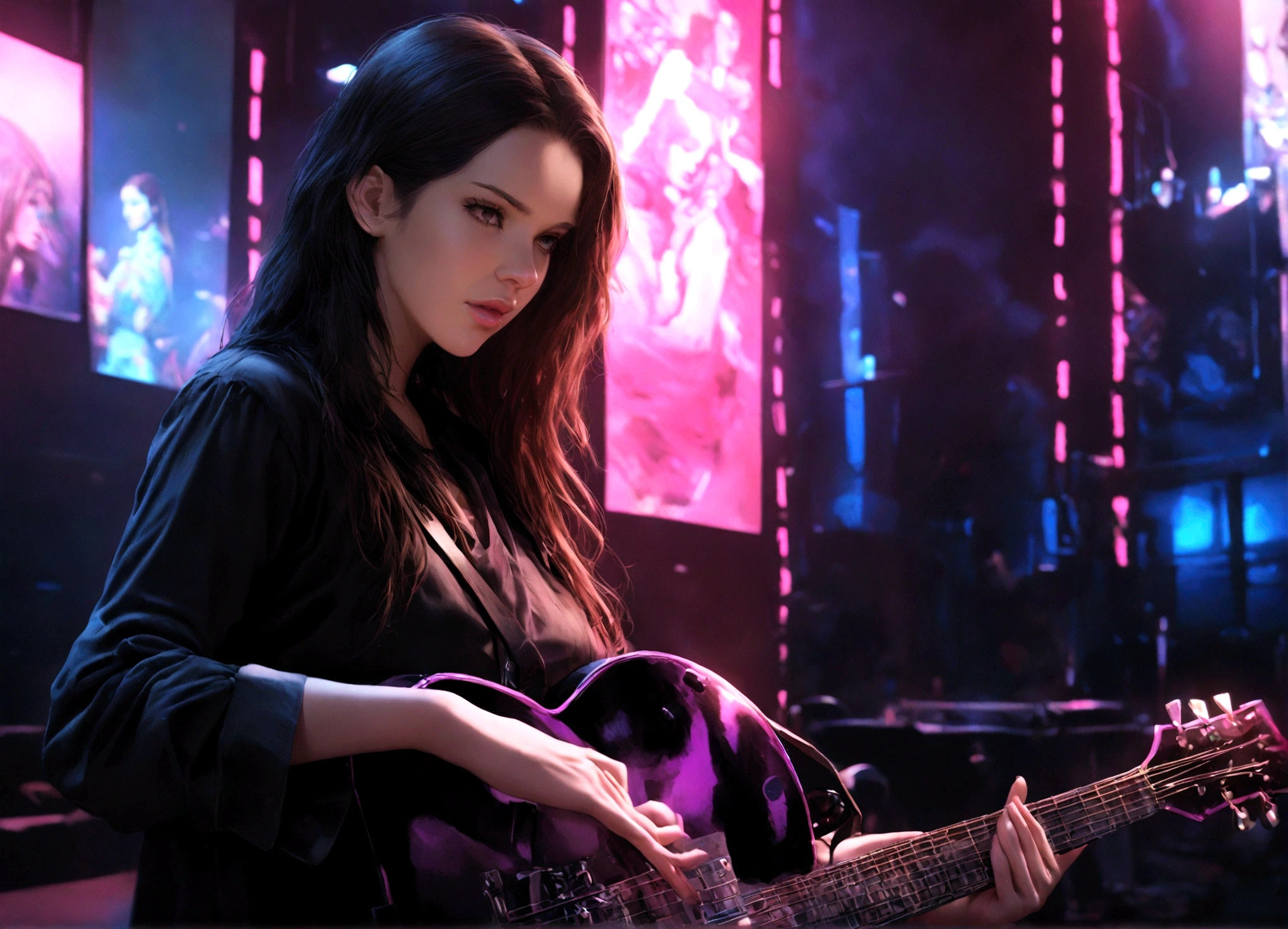a beautiful young woman with long dark hair and a young woman with long dark hair, ray (daisy ridley) and queen amidala (natalie portman age 25), on a naboo themed stage, holding neon lit electric guitars, power ballad, rock opera, hyperrealistic, 8k, detailed lighting, dramatic cinematic lighting, glowing neon lights, volumetric lighting, chiaroscuro lighting, high contrast, vibrant colors, dramatic atmosphere, emotive expressions, intricate details, photo-realistic