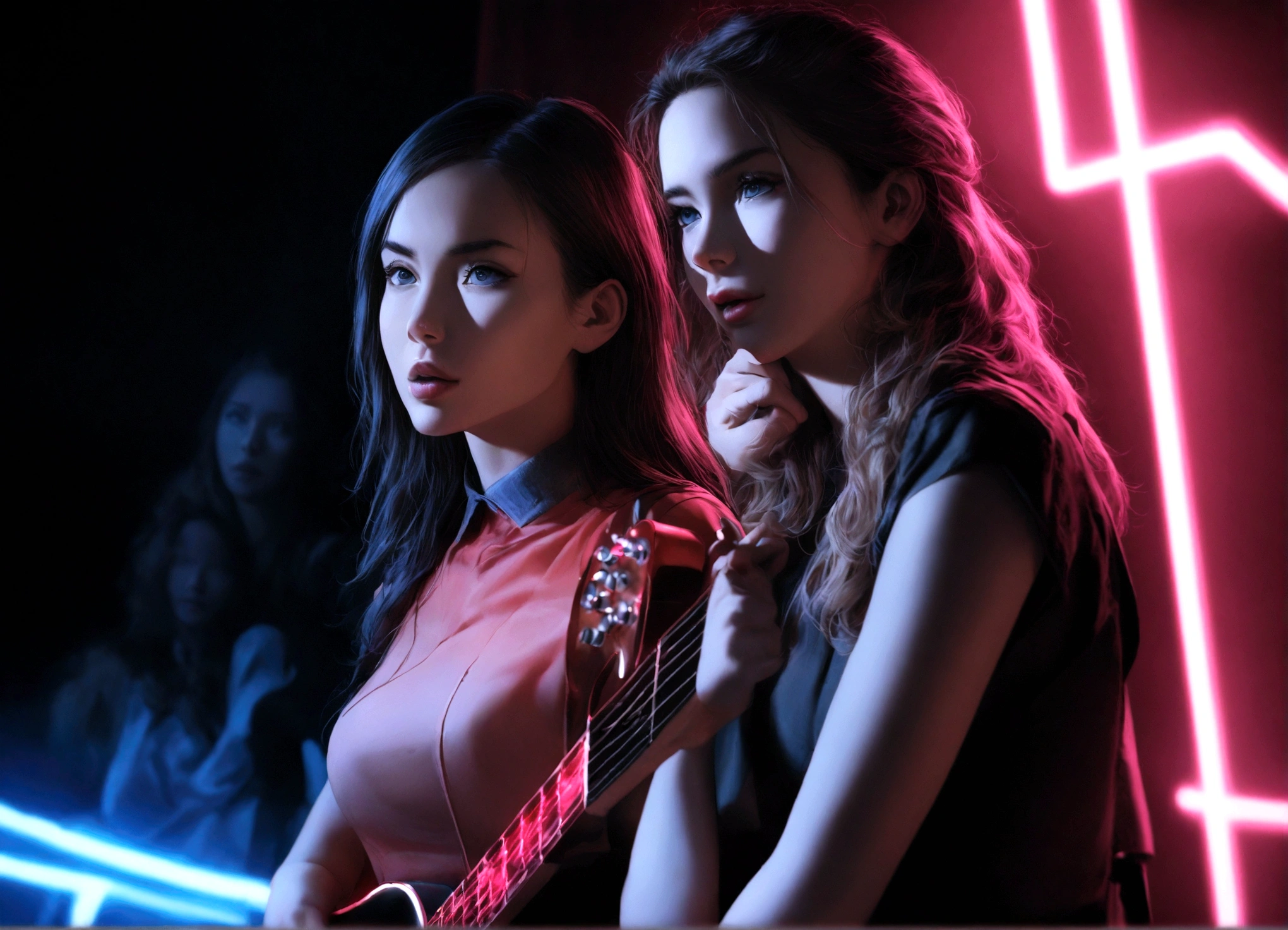 a beautiful young woman with long dark hair and a young woman with long dark hair, ray (daisy ridley) and queen amidala (natalie portman age 25), on a naboo themed stage, holding neon lit electric guitars, power ballad, rock opera, hyperrealistic, 8k, detailed lighting, dramatic cinematic lighting, glowing neon lights, volumetric lighting, chiaroscuro lighting, high contrast, vibrant colors, dramatic atmosphere, emotive expressions, intricate details, photo-realistic