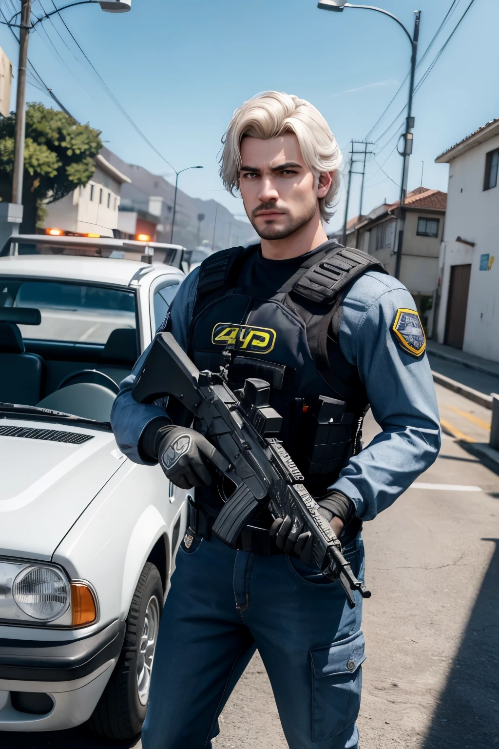((melhor qualidade)), ((4k)), (detalhado), 1 jovem, 24anos, cabelos platinadas, com roupas da swat, armado com uma viatura atras, no modelo gtav