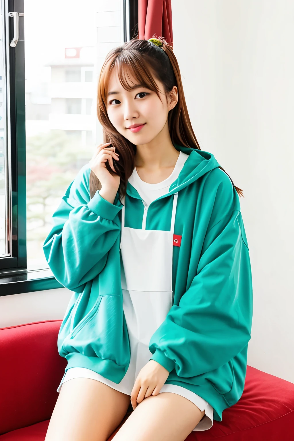 Realism, 8k, 1girl, long wavy curls, pale skin (Chinese beauty), (smiling) young beauty, thick eyebrows, ((D cups)), hoodie ((good figure)), (tight) shorts, (bright red pattern on clothes) small waist, wide thighs, standing one thigh up, wide thigh gap, legs apart