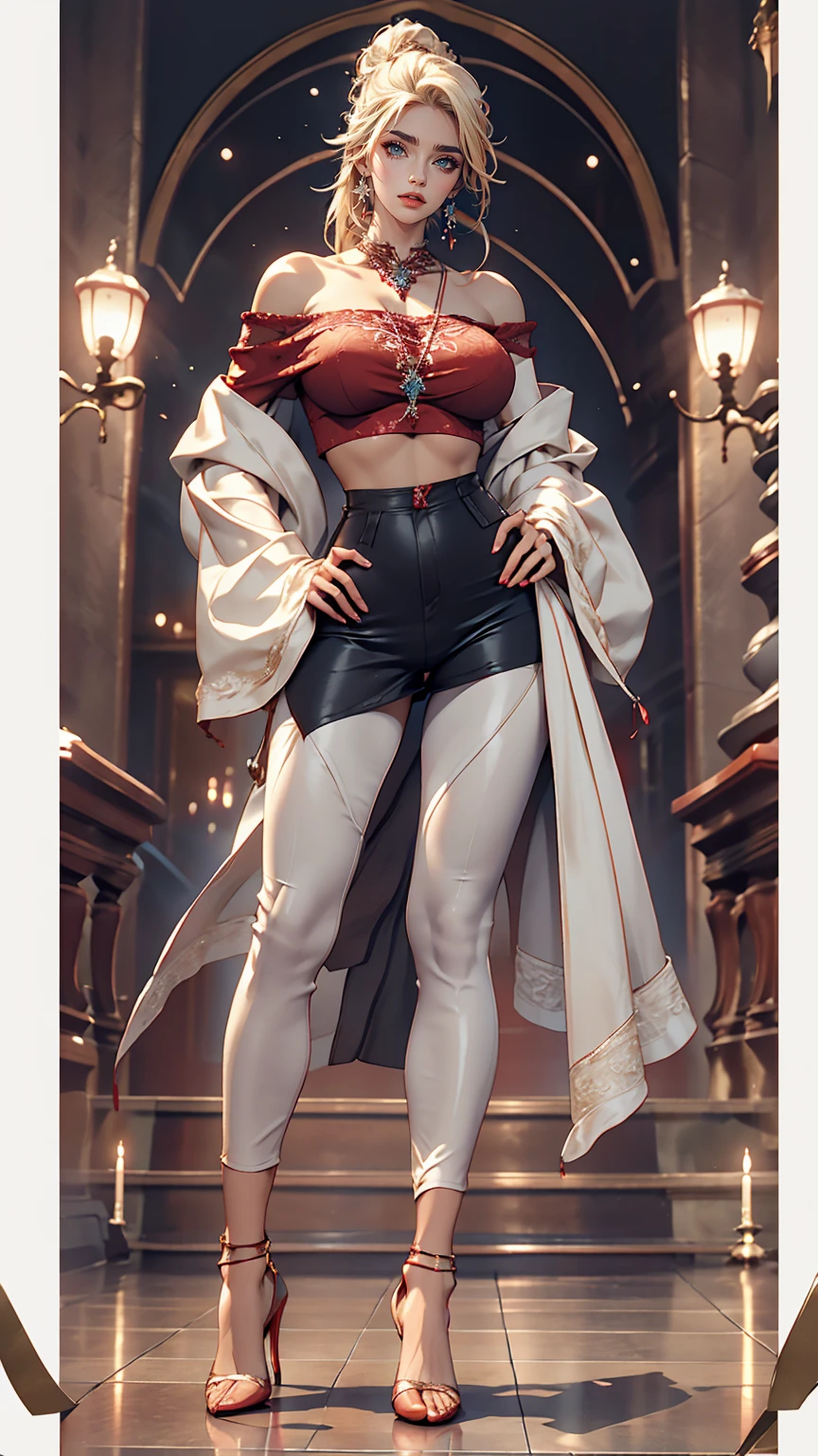24-year-old female、White、Straight Hair、Sexy proportions、Beautiful breasts、Slender figure、Reddish、blue eyes、Wear off-the-shoulder tops、Lower milk visible、Navel visible、Wear low rise leggings、Wear stiletto heels、Place your hands on your hips、smile、Skyscraper background、Cowboy Shot