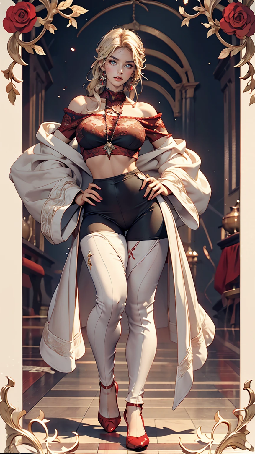 24-year-old female、White、Straight Hair、Sexy proportions、Beautiful breasts、Slender figure、Reddish、blue eyes、Wear off-the-shoulder tops、Lower milk visible、Navel visible、Wear low rise leggings、Wear stiletto heels、Place your hands on your hips、smile、Skyscraper background、Cowboy Shot