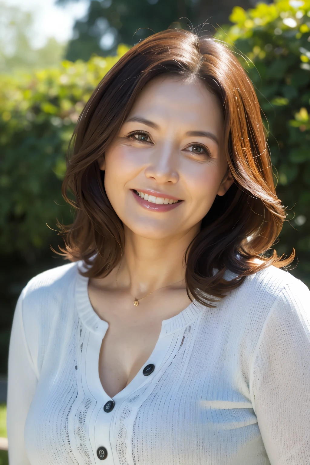 最high quality, In 8K, Masseter muscle area, Lifelike, Sharp focus, high quality, High resolution, Detailed face, Detailed eyes, Thick lips, Background Blur, solo, Middle-aged women, , 55 years old, , Wavy Hair, Cleavage, Wearing a plain short-sleeved knit, Afternoon in front of the park garden, Wrinkles around the eyes, Toothy smile