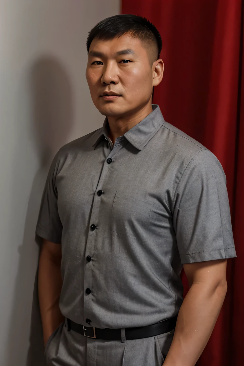A short-haired Mongolian man, became a communist premier, The clothes are a gray short-sleeved shirt, The background wall is red trim,