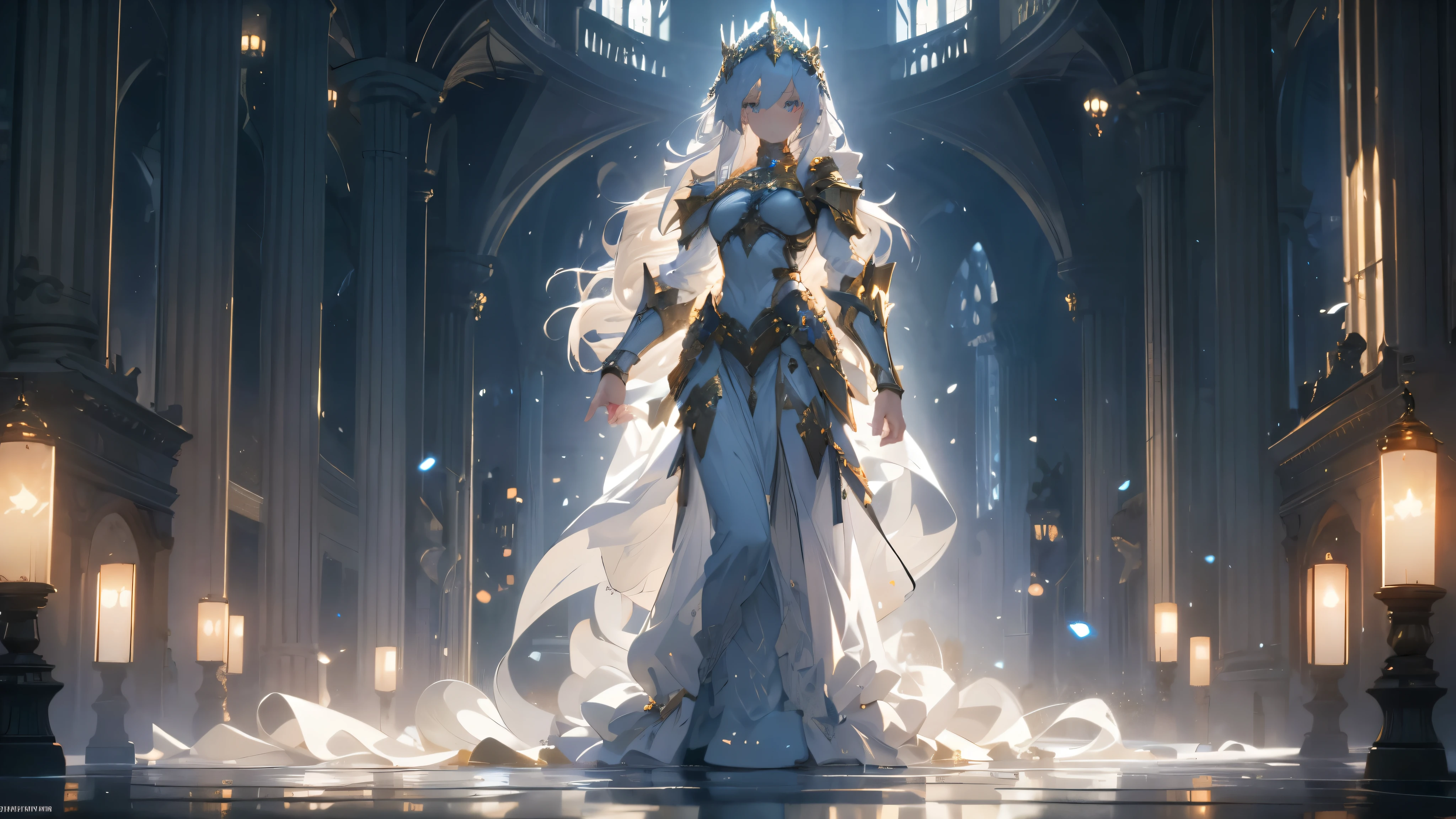 ((masterpiece, best quality)), Epic battlefield atmosphere，Water Ripples，Delicate face，Depicts a beautiful knight with long, flowing white hair，whole body，Standing picture，glowing golden eyes，She was wearing white armor，Perfect body proportions