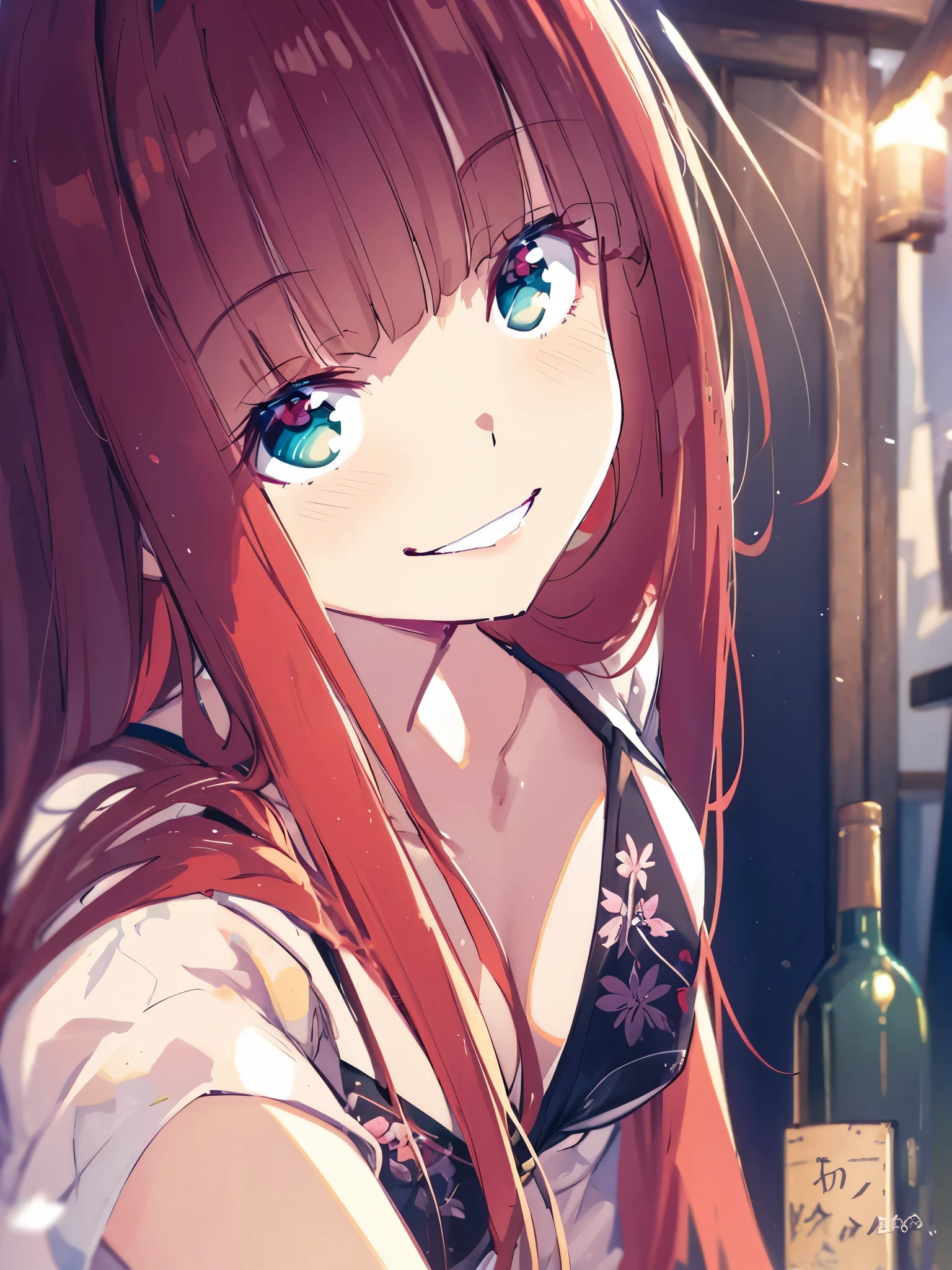 Tavern　1 girl, Beautiful and detailed, long red hair, Pale red eyes, Yukata swimsuit, Glowing Skin, solve, (Anime Style:1.6)High contrast girl, Sitting, Side Shot, (null:1.3), (masterpiece, highest quality, perspective, Depth of written border:1.5), Flowers, Rocky Mountain, forest, Beautiful Face, Thighs, From below, 8K, Raw photo, Confused, Impressionism, (Tom Thomson, Claude Monet, Joaquin Sorolla, James Wilson Morris, John Fabian Carlson, Hugh Henry Breckenridge:0.8), HDR, Realistic, Film Grain, chromatic aberration, 高solve, Very detailed, finely, Dynamic Lighting, Dramatic lighting, Shadow, Sharp focus, Highly detailed eyes and face, Sharp pupils, Realistic student
