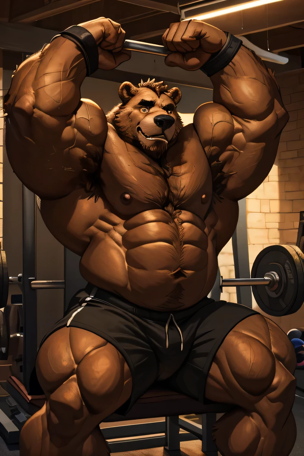 (best quality, 4k, highres, masterpiece:1.2), ultra-detailed, fury, furry art (realistic, photorealistic, photo-realistic:1.37), massive muscular, huge muscular, chubby Grizzly bear, working out, lying down, bench pressing in the gym, pumping his huge pectoral muscles, sweating, black shorts and black wristbands, lifting heaviest weight, barbells, gym equipments, brown hair, thick brown fur, super thick arms, super big pectoral, super wide hairy pectoral, topless, shirtless, eyebrows, impressive brown beard, strong jawline, kind eyes, strong arms, proud posture, well-built physique, professional lighting and backdrop, intense shadows, vibrant colors, dramatic composition, gritty texture, vintage aesthetic, dynamic perspective. Add textures and details to make the image more realistic, such as the appearance of the body built muscles texture and the appearance of the brown fur, 