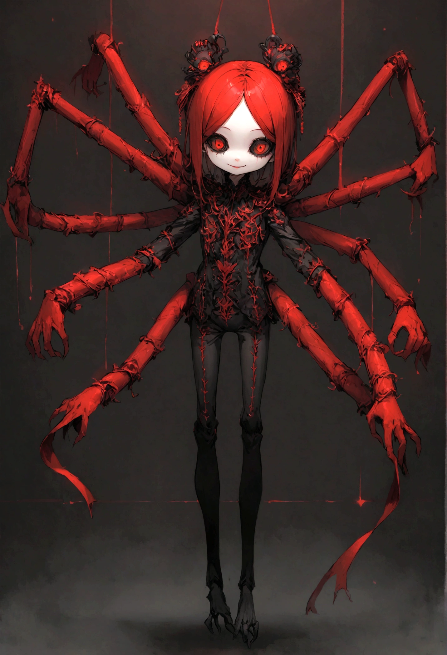just a puppet, color red and black, smile, no legs, long arms, cute and terrifying.
