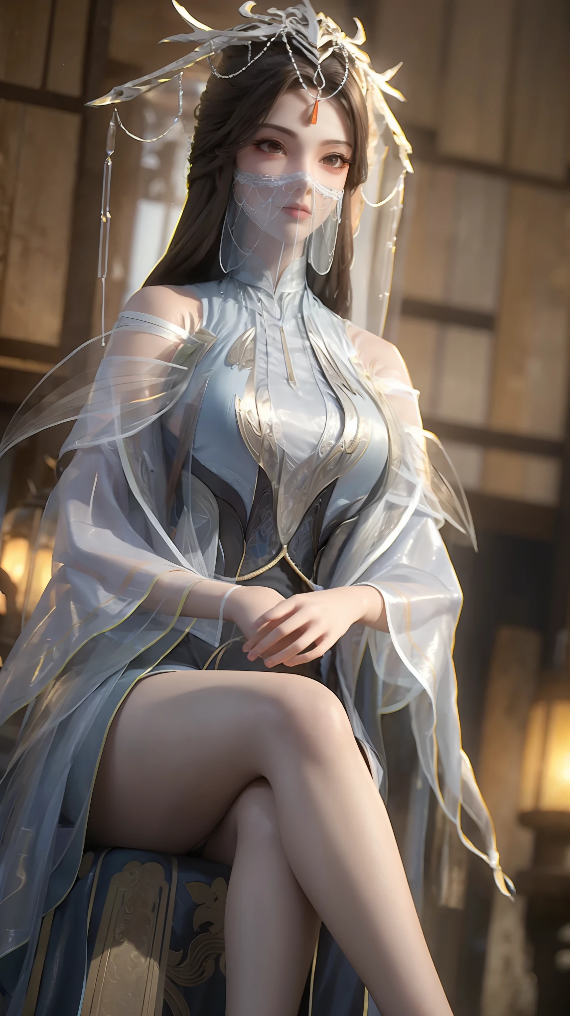 cheongsam,((whole body)), ((Sitting)), ((The hem is long, Sexy long legs)), ((Bare shoulders)),model, Young beautiful girl, Striking an elegant pose, Charming pose, Heat and cold, Beautiful and delicate eyes, Full breasts, slim body, Features, masterpiece, best quality, official art, Rich details, Clear face, Professional lighting, Physically based rendering, Necklace, Light makeup,Starry sky background,Sitting on the stars,With a translucent veil,((The face is covered with a veil))
