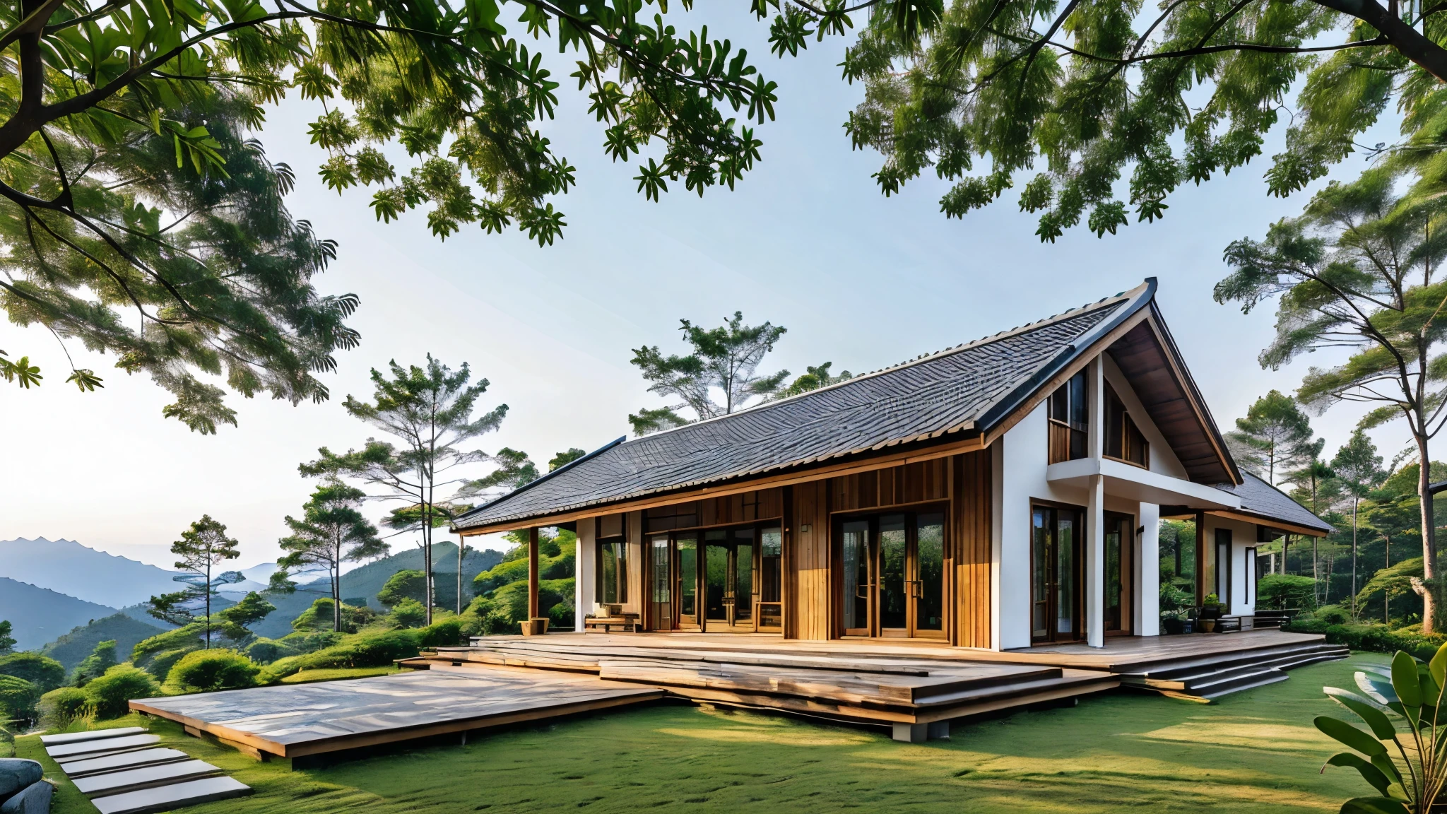 architecture, small 1 floor house in Viet Nam, wooden white wall cottage, beautiful modern Japan house on a forest path, the small cabin modern house in the forest, white wall house, integrated in the mountains, cottagecore!!, ((8k)), soothing and cozy landscape, peaceful wooden mansion, ((UHD)), 8k, high quality detail
