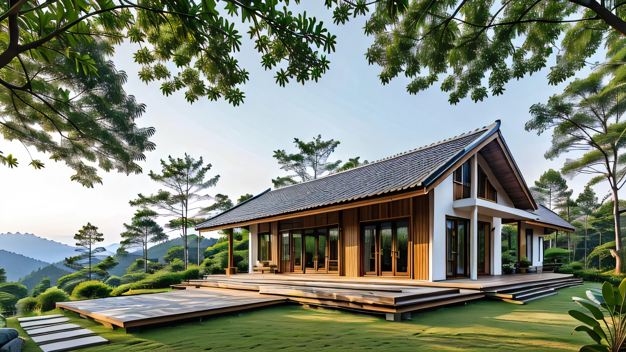 architecture, small 1 floor house in Viet Nam, wooden white wall cottage, beautiful modern Japan house on a forest path, the small cabin modern house in the forest, white wall house, integrated in the mountains, cottagecore!!, ((8k)), soothing and cozy landscape, peaceful wooden mansion, ((UHD)), 8k, high quality detail
