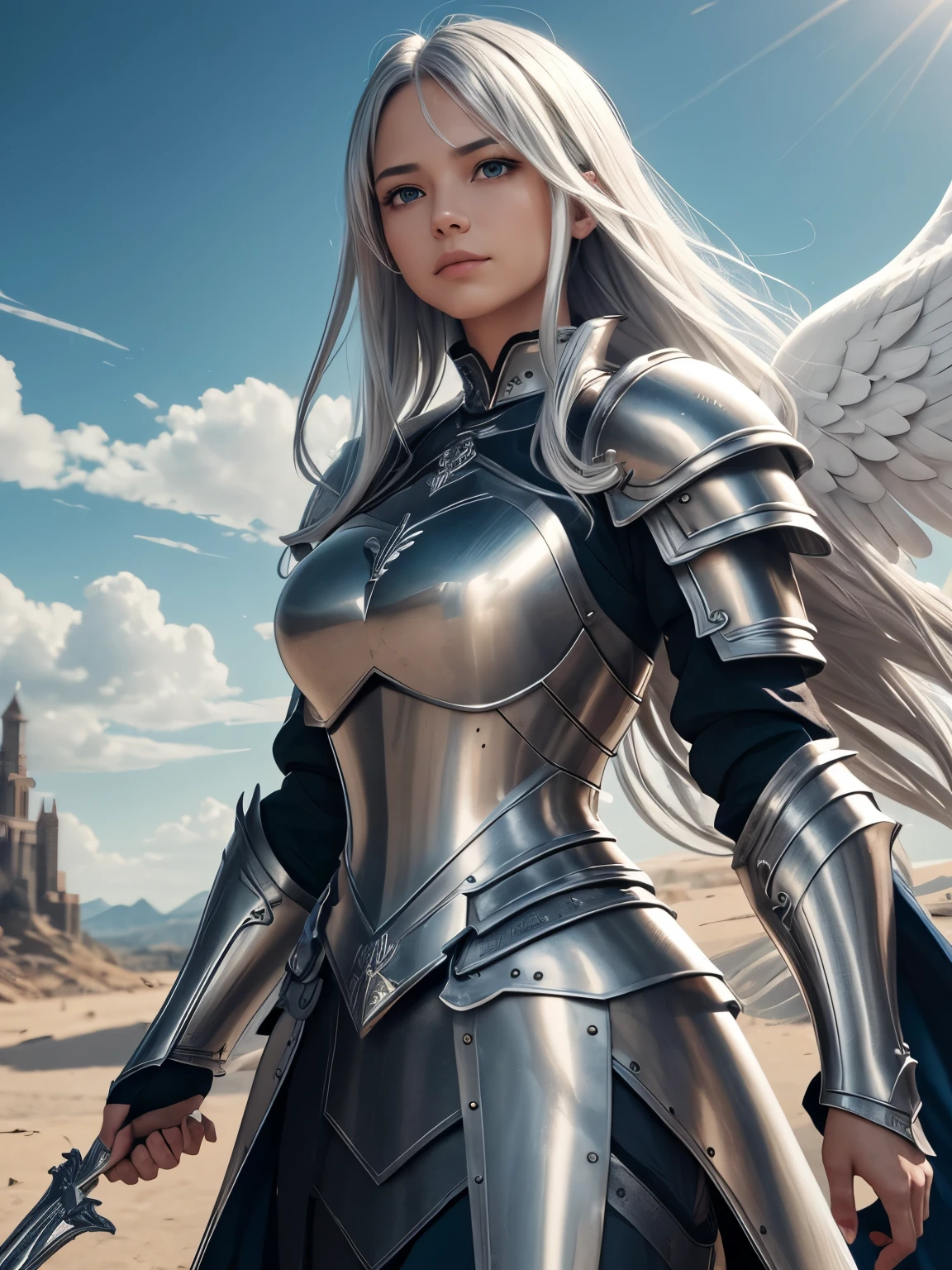 Silver haired angel，Wearing armor，{{{masterpiece}}},{extremely detailed CG unity 8k wallpaper},best quality,Amazing,finely detail,solo,cinematic lighting,close-up,{{floating hair}},outdoors,sky,{{wind}},detailed background,beautiful detailed eyes,,bright pupils,{{full body}}, dynamic pose,dynamic angle,looking at viewer,detailed clothes,,