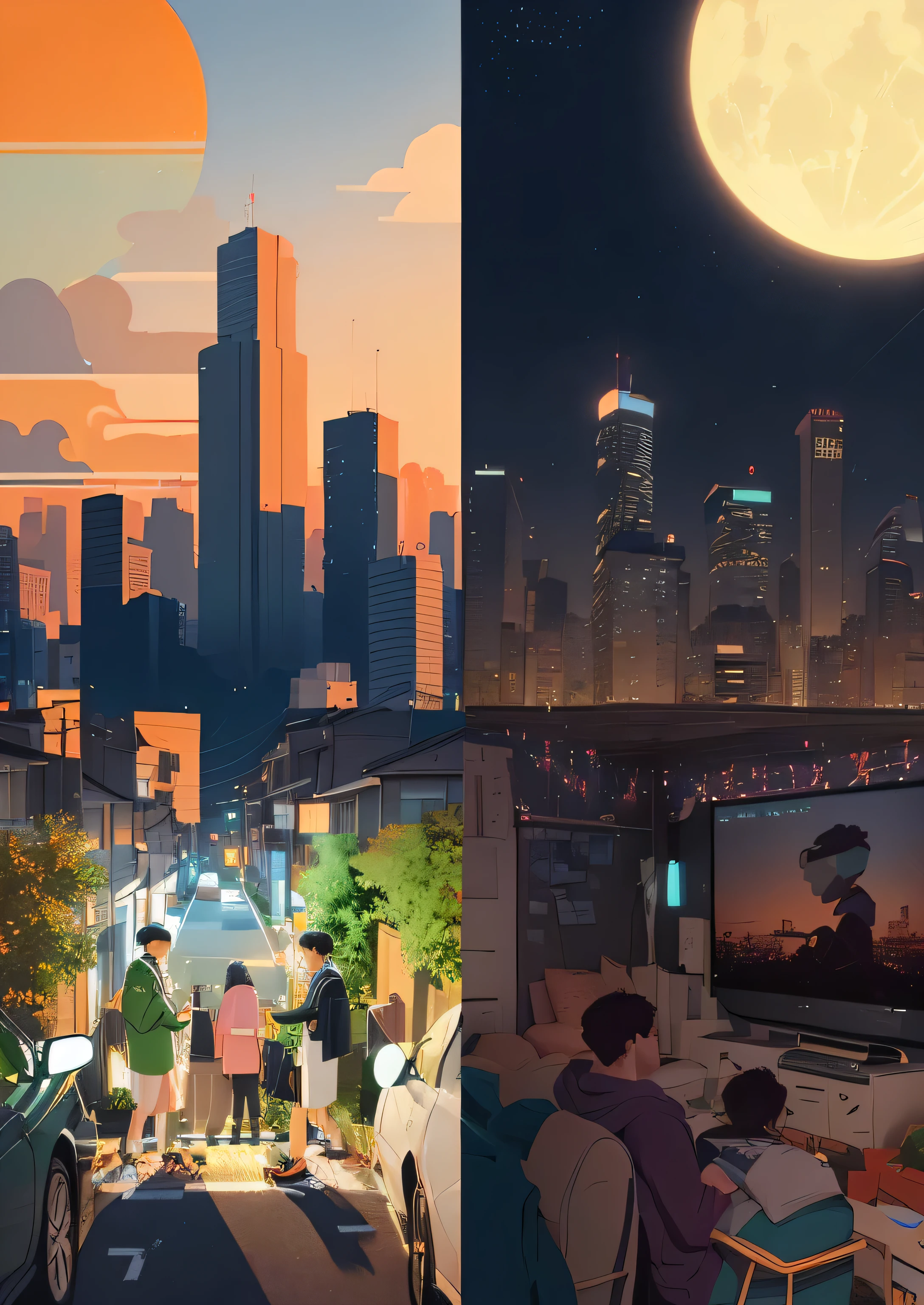 A poster divided into two parts. On the left is a car of people going to work in the morning. ，On the right is a person watching TV at home with his family at night, lo-fi Illustration style, With Artest Guerin (atey ghailan) style, Inspired by Artie Guerin, Detailed 2D illustrations, Illustration style, lofi artstyle, animated illustration style, 4k hd wallpaper illustration, 8k cartoon illustration, 4k hd illustration wallpaper