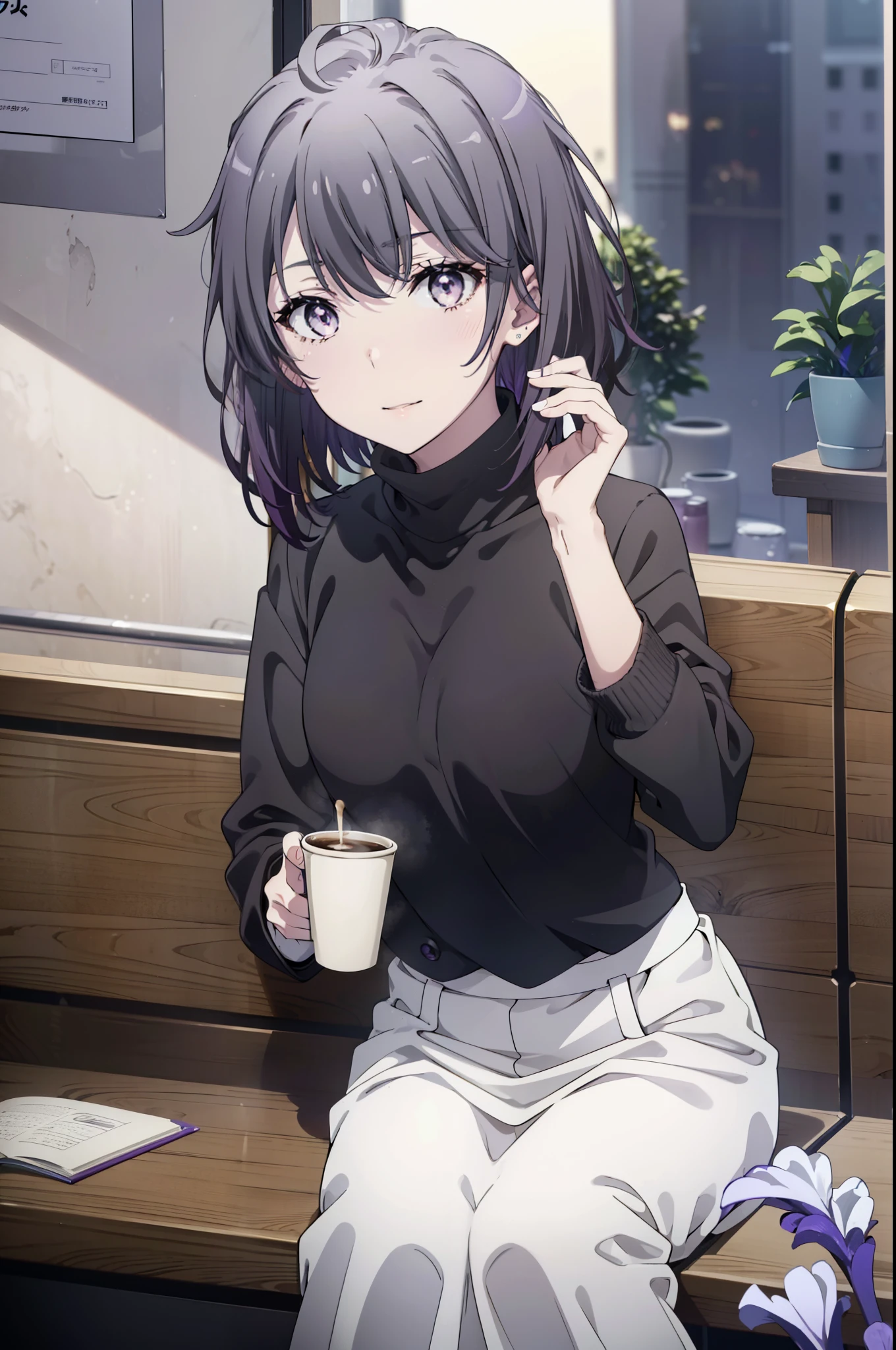 harunoyukinoshita, haruno yukinoshita, short hair, Hair between the eyes, (iris:1.5), Please open your mouth wide,smile,Black Hair, Gradient Hair, Two-tone hair, Purple Hair, smile,Oversized sweater,Long skirt,short boots,Sitting in a chair,There is food on the table,whole bodyがイラストに入るように, break outdoors, Open Terrace,coffee shop, break looking at viewer,whole body, break (masterpiece:1.2), highest quality, High resolution, unity 8k wallpaper, (shape:0.8), (Beautiful details:1.6), Highly detailed face, Perfect lighting, Extremely detailed CG, (Perfect hands, Perfect Anatomy),