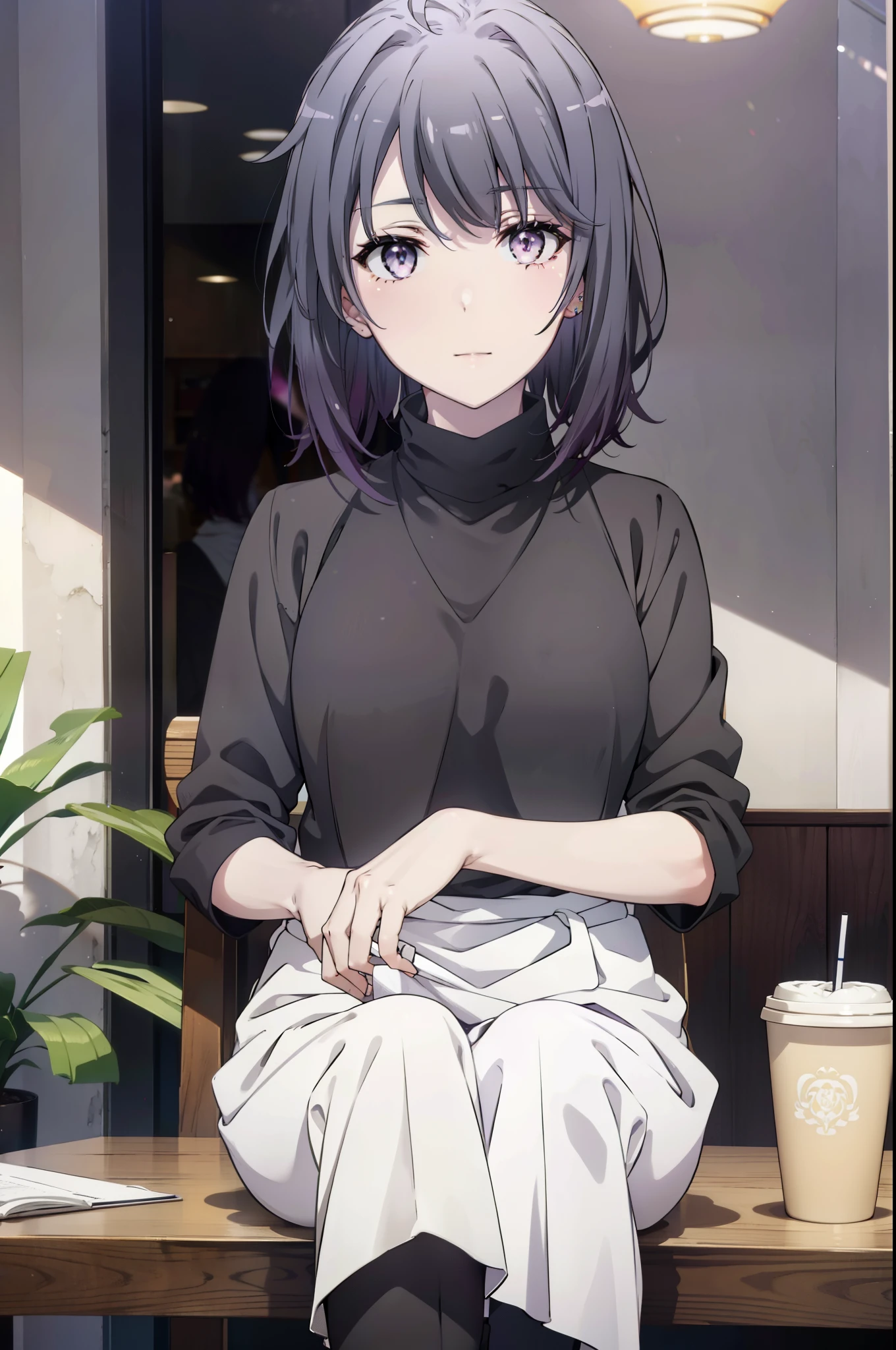 harunoyukinoshita, haruno yukinoshita, short hair, Hair between the eyes, (iris:1.5), Please open your mouth wide,smile,Black Hair, Gradient Hair, Two-tone hair, Purple Hair, smile,Oversized sweater,Long skirt,short boots,Sitting in a chair,There is food on the table,whole bodyがイラストに入るように, break outdoors, Open Terrace,coffee shop, break looking at viewer,whole body, break (masterpiece:1.2), highest quality, High resolution, unity 8k wallpaper, (shape:0.8), (Beautiful details:1.6), Highly detailed face, Perfect lighting, Extremely detailed CG, (Perfect hands, Perfect Anatomy),