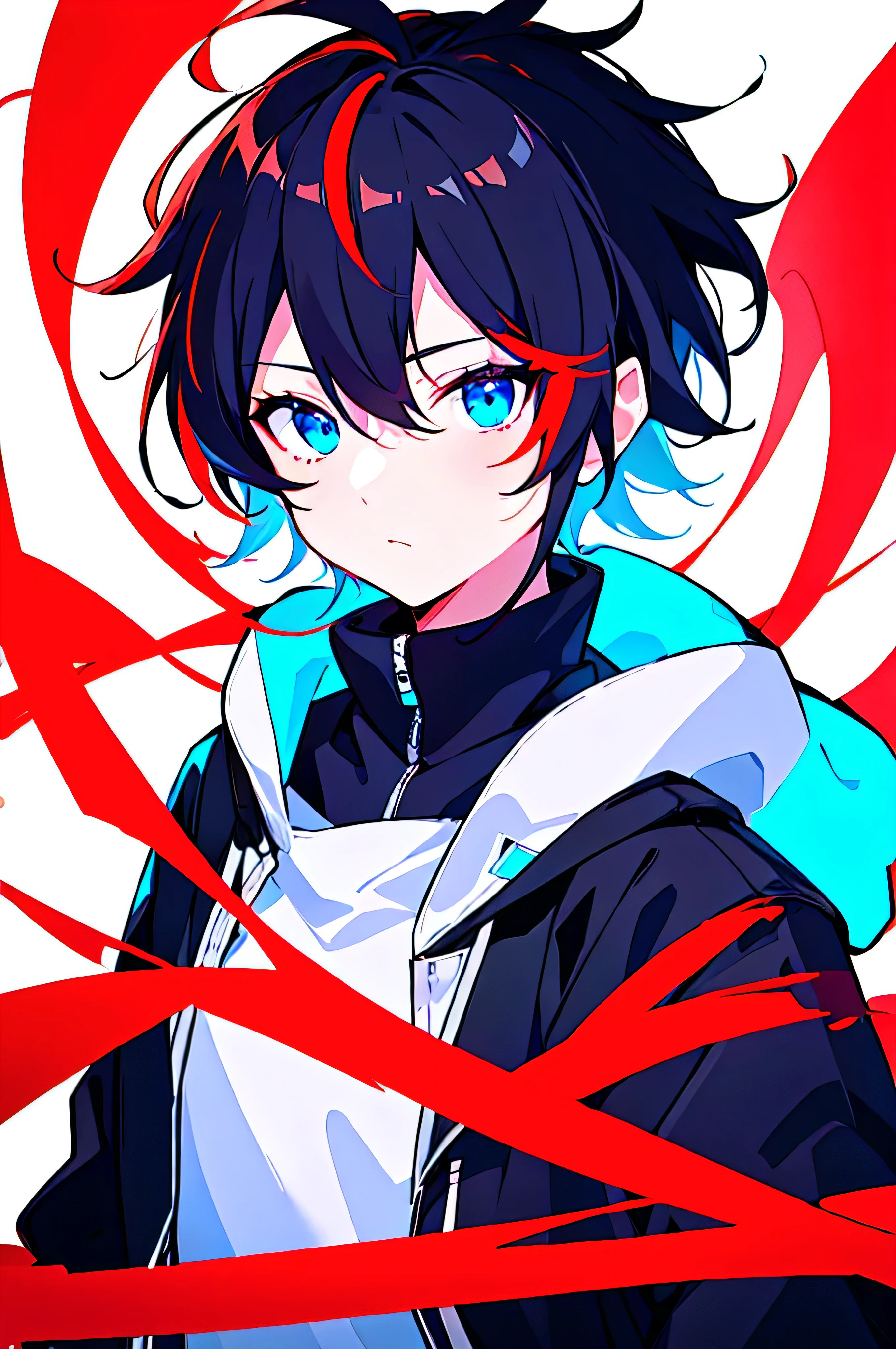 [(WHITE BACKGROUND:1.5),::5], ((((masterpiece)))), high quality, ultra very high resolution, full color, (((solo))), ((little boy)), black hair, ((red streaked hair)), blue eyes, anime, ((upper body)), neon light, black parka, (flame effect:1.2)