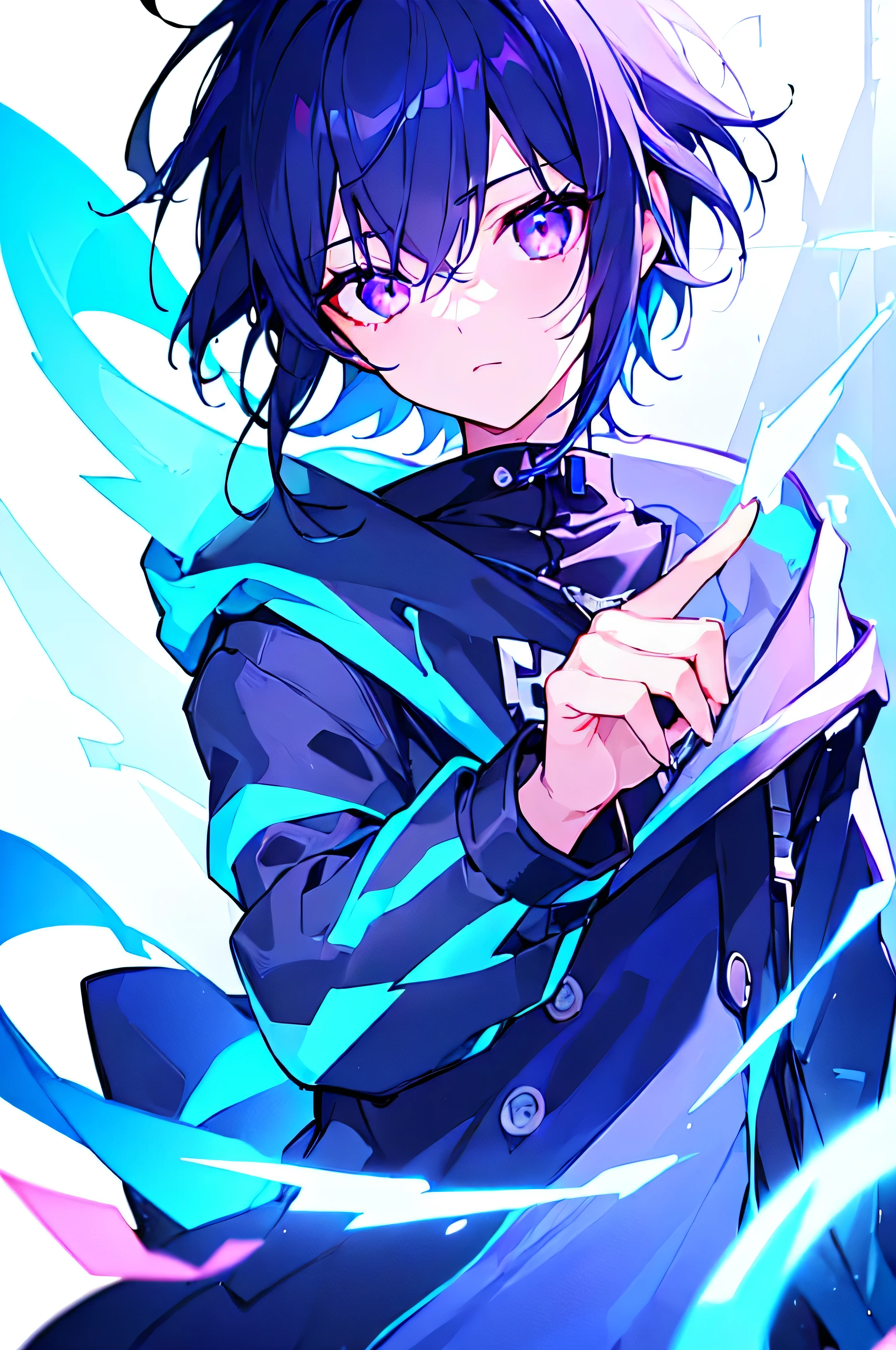 [(WHITE BACKGROUND:1.5),::5], ((((masterpiece)))), high quality, ultra very high resolution, full color, (((solo))), (()), black hair, ((blue colored inner hair)), ((purple eyes)), anime, ((upper body)), neon light, black parka, (lightning effect:1.2)