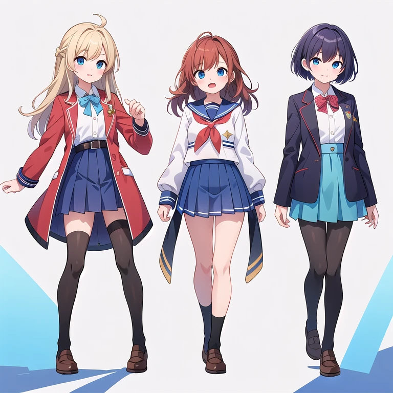 (((Best Quality))) , ((full body)), female, 3 girls, white background, random hairstyles, mini skirt, mess jacket, magical school,