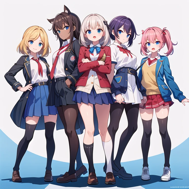 (((Best Quality))) , ((full body)), female, 3 girls, white background, random hairstyles, mini skirt, mess jacket, magical school,