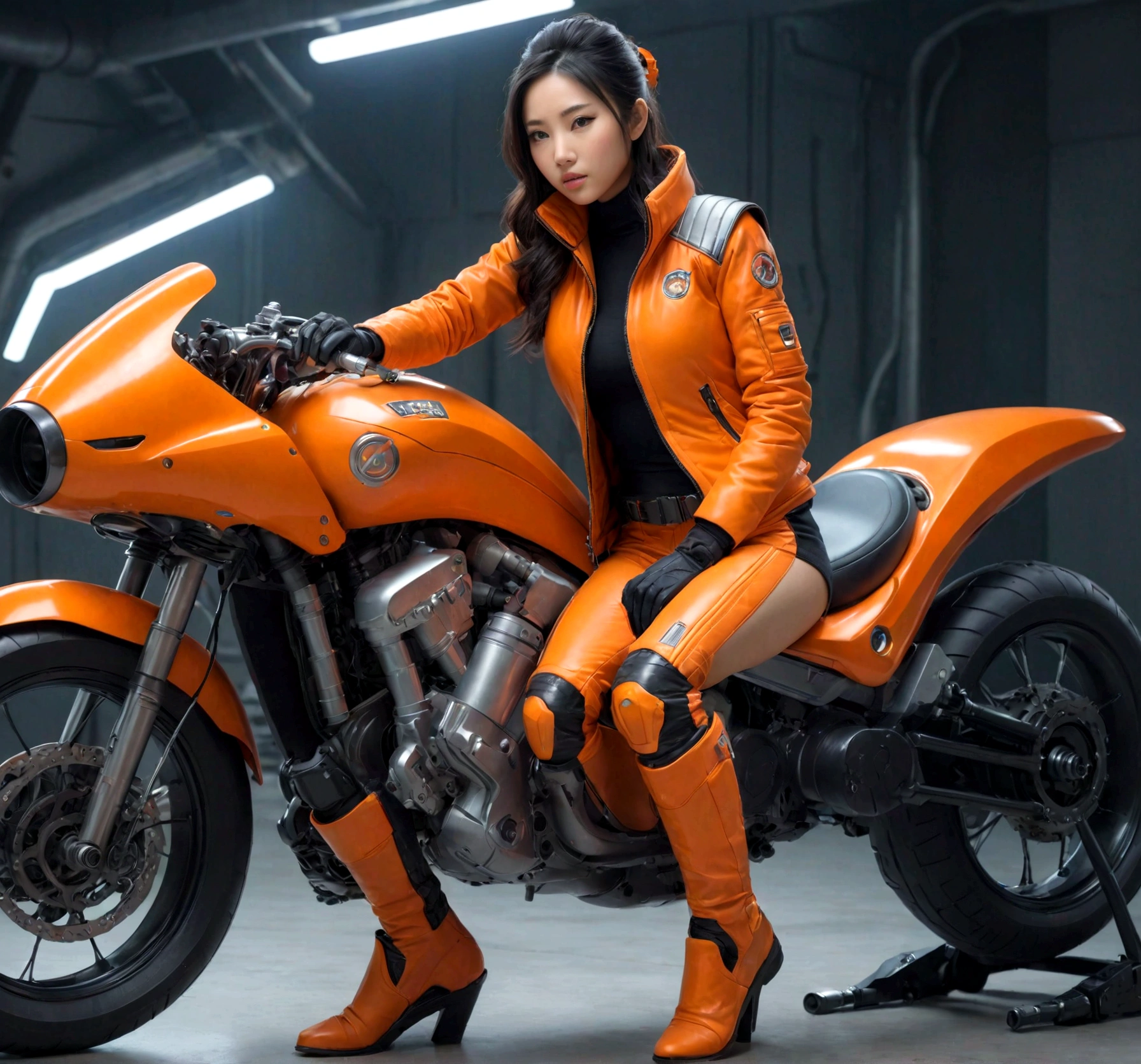 Asian beautiful sexy girl full naked, Just dressing Orange padded winter vest , on her knee repairing rocket sci-fi motorbike , masterpiece , 8k , RAW , ultra realistic , very detailed, Perfect body, Perfect beauty