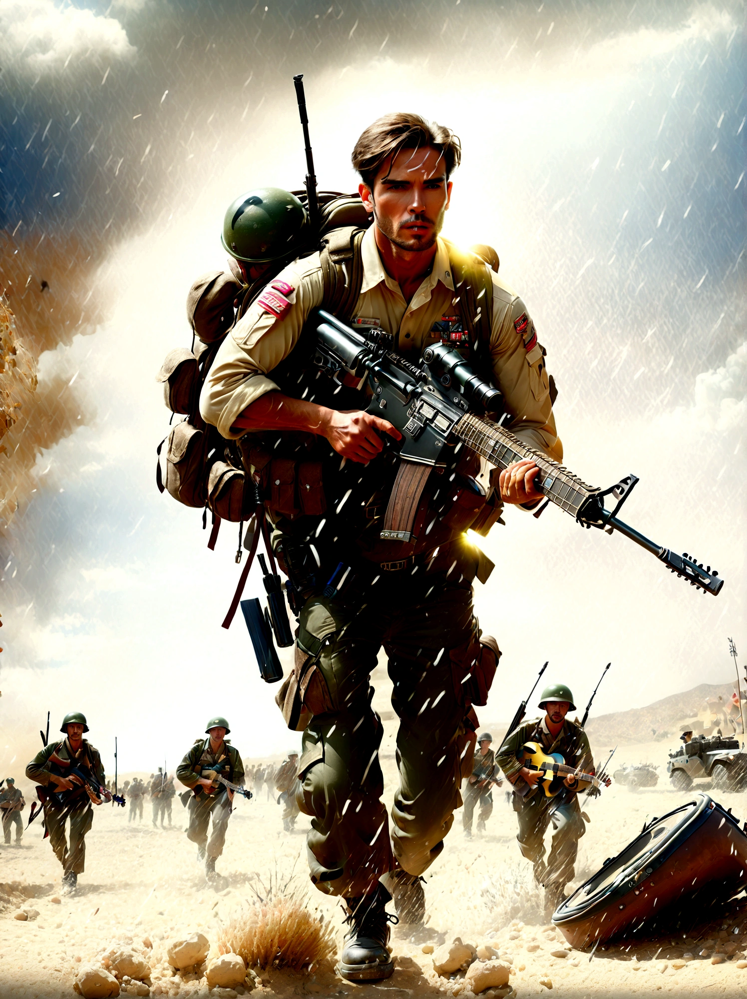 brave soldiers, (holding an assault rifle:1.3), (carrying a guitar on his back:1.5), fierce battle, fighting Vietnamese enemy, harsh war conditions, foxholes, month-long struggle, battle scars, shrapnel wounds, honorable medals, rugged terrain, intense combat, determined expressions, realistic details, war-torn environment, heroic actions, muddy and worn uniforms, smoke and debris, dramatic lighting, vivid colors, highly detailed, epic war scene, (masterpiece: 2), best quality, ultra highres, original, extremely detailed, perfect lighting