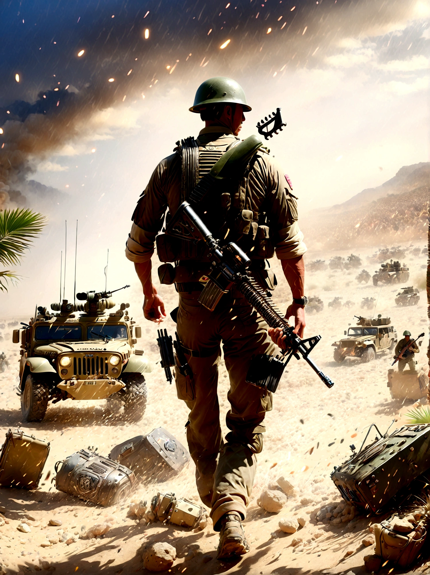 brave soldiers, (holding an assault rifle:1.3), (carrying a guitar on his back:1.5), fierce battle, fighting Vietnamese enemy, harsh war conditions, foxholes, month-long struggle, battle scars, shrapnel wounds, honorable medals, rugged terrain, intense combat, determined expressions, realistic details, war-torn environment, heroic actions, muddy and worn uniforms, smoke and debris, dramatic lighting, vivid colors, highly detailed, epic war scene, (masterpiece: 2), best quality, ultra highres, original, extremely detailed, perfect lighting