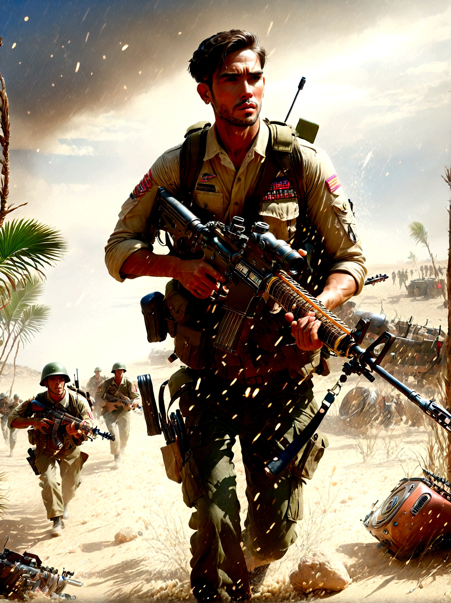 brave soldiers, (holding an assault rifle:1.3), (carrying a guitar on his back:1.5), fierce battle, fighting Vietnamese enemy, harsh war conditions, foxholes, month-long struggle, battle scars, shrapnel wounds, honorable medals, rugged terrain, intense combat, determined expressions, realistic details, war-torn environment, heroic actions, muddy and worn uniforms, smoke and debris, dramatic lighting, vivid colors, highly detailed, epic war scene, (masterpiece: 2), best quality, ultra highres, original, extremely detailed, perfect lighting