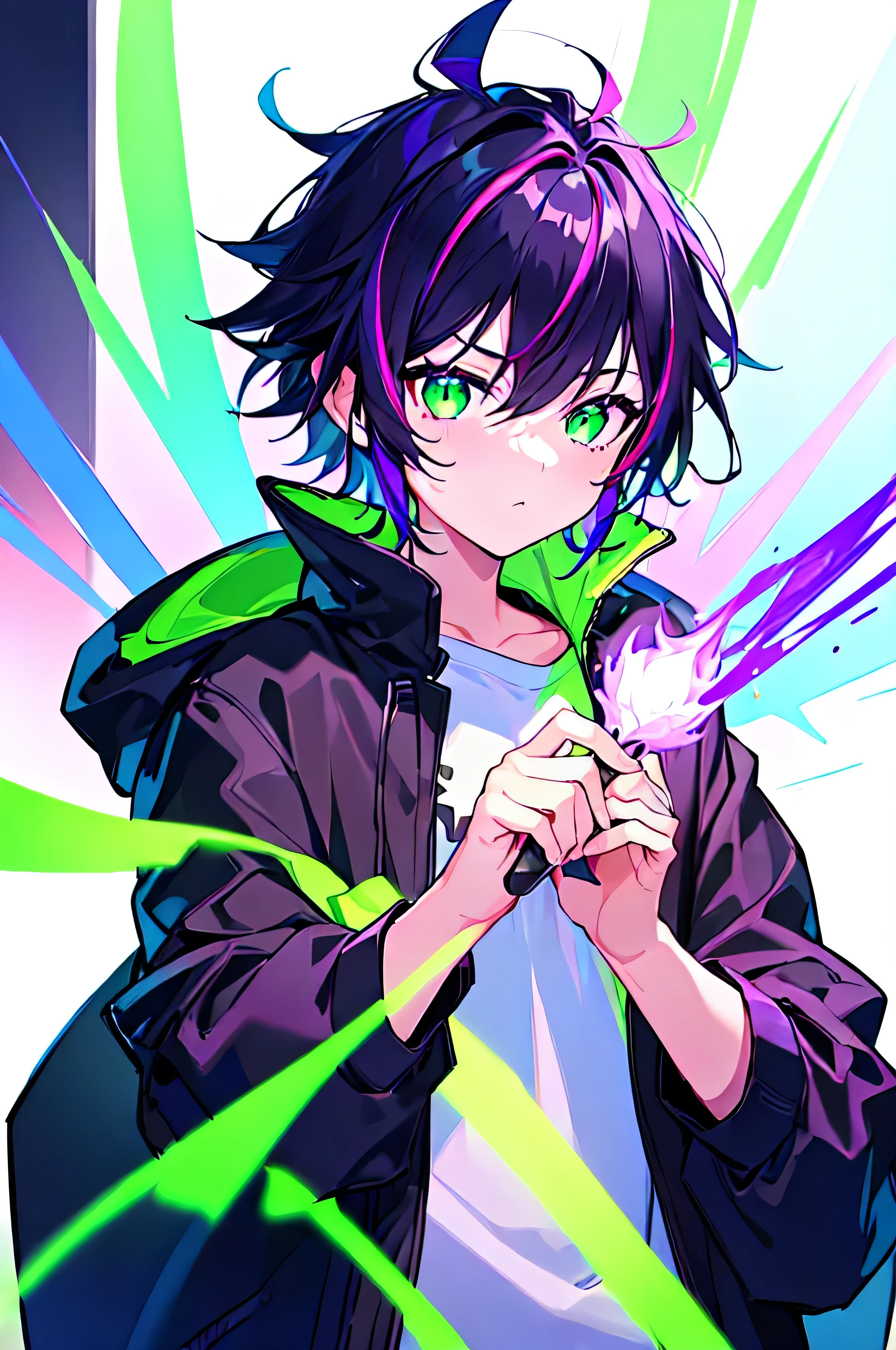 [(WHITE BACKGROUND:1.5),::5], ((((masterpiece)))), high quality, ultra very high resolution, full color, (((solo))), ((little boy)), black hair, ((purple streaked hair)), (green eyes), anime, ((upper body)), neon light, black parka, (green flame effect:1.2)
