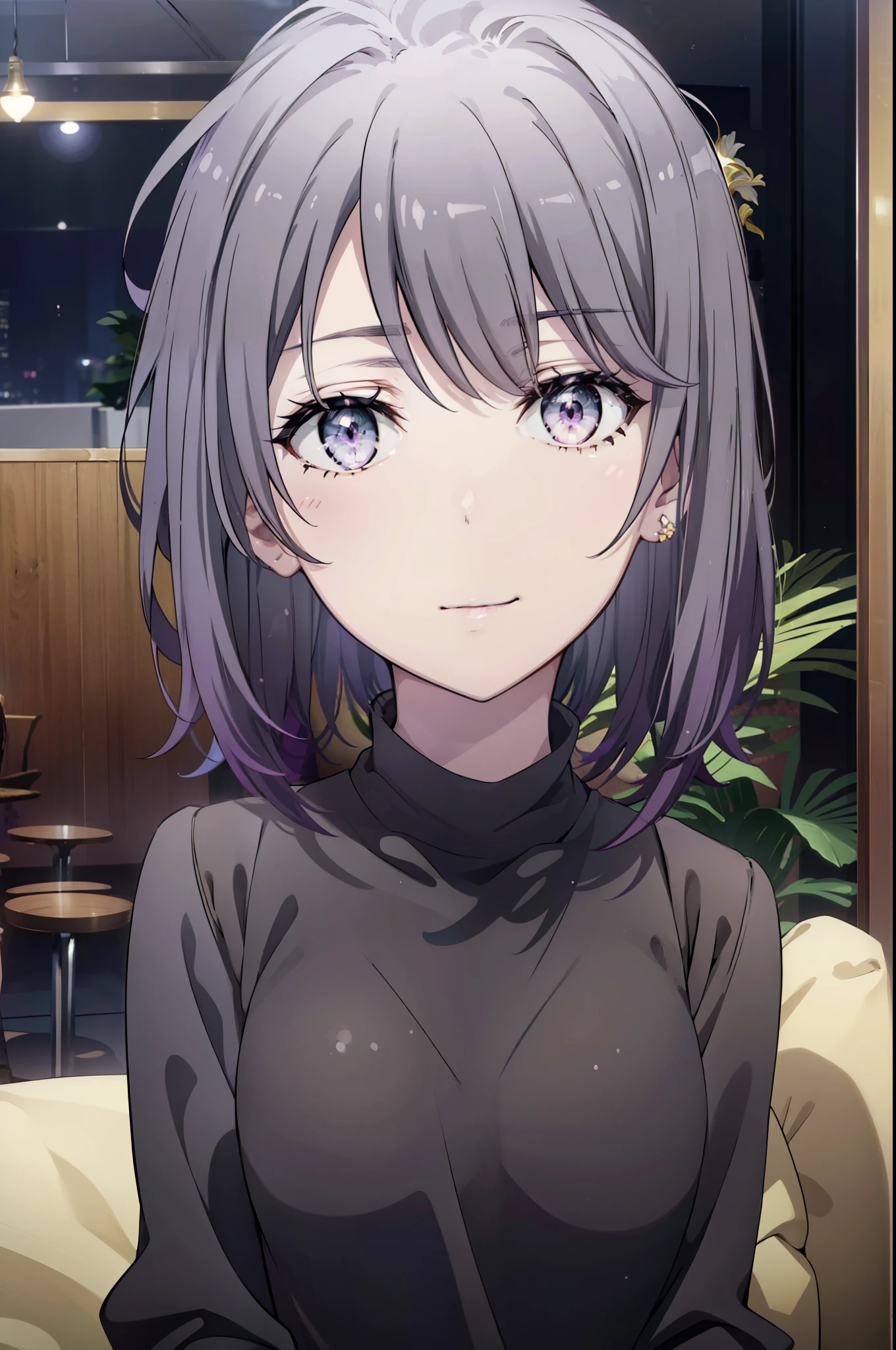 harunoyukinoshita, haruno yukinoshita, short hair, Hair between the eyes, (iris:1.5), Please open your mouth wide,smile,Black Hair, Gradient Hair, Two-tone hair, Purple Hair, smile,Oversized sweater,Long skirt,short boots,Sitting in a chair,There is food on the table,whole bodyがイラストに入るように, break outdoors, Open Terrace,coffee shop, break looking at viewer,whole body, break (masterpiece:1.2), highest quality, High resolution, unity 8k wallpaper, (shape:0.8), (Beautiful details:1.6), Highly detailed face, Perfect lighting, Extremely detailed CG, (Perfect hands, Perfect Anatomy),