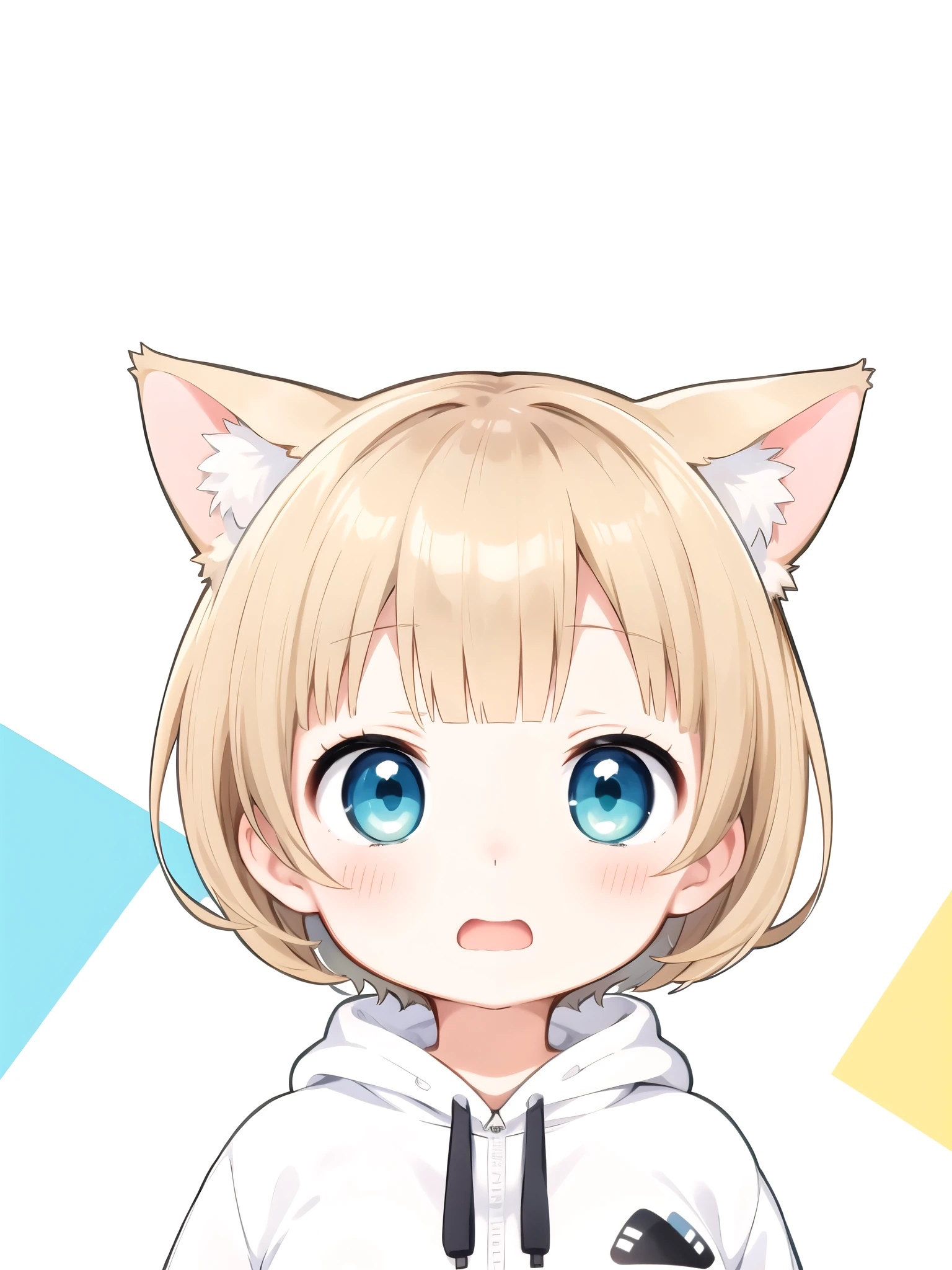 Blonde Hair、Short Mash Hair、Turquoise Eyes、White hoodie、Black hot pants、Black sneakers、Cat ear、breast enhancement、Surprised expression、Puzzled look