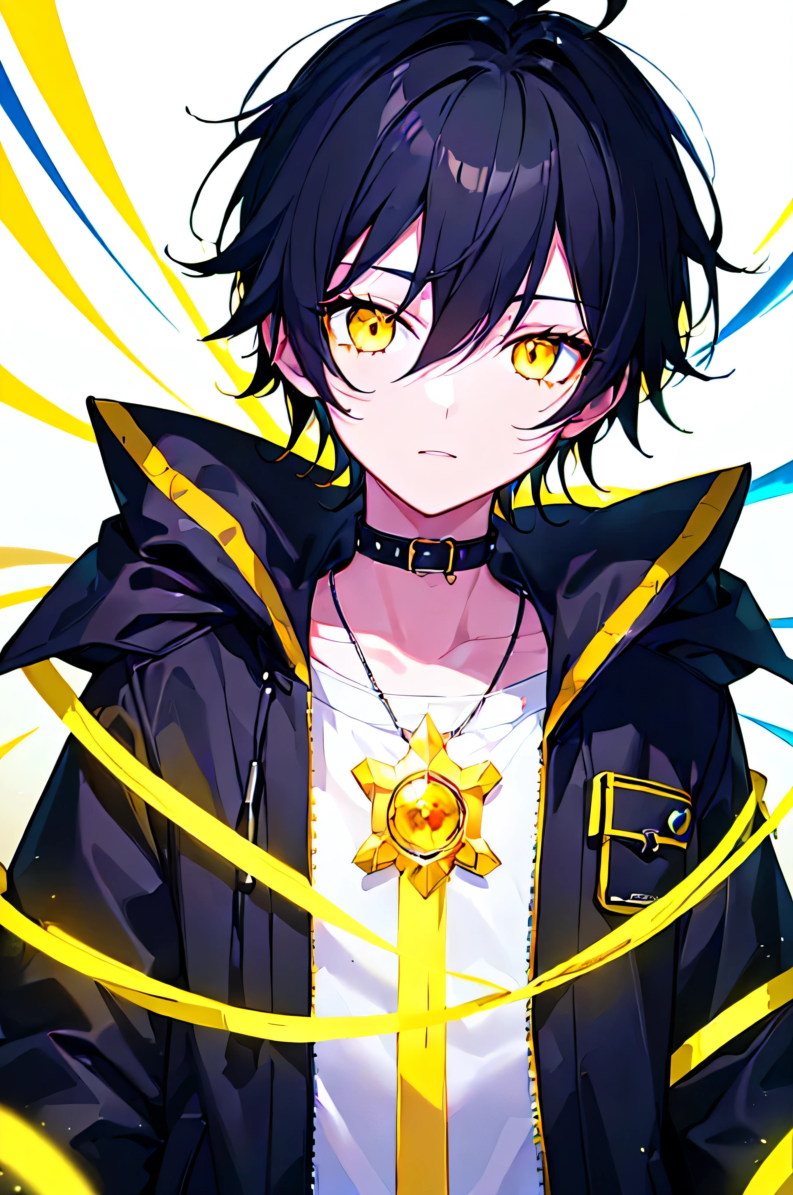 [(WHITE BACKGROUND:1.5),::5], ((((masterpiece)))), high quality, ultra very high resolution, full color, (((solo))), ((little boy)), black hair, ((yellow inner hair)), ((yellow eyes)), anime, ((upper body)), neon light, black parka, (yellow jewel effect:1.2)