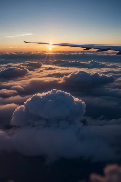 8k high quality photograph of a plane above the clouds during sun set