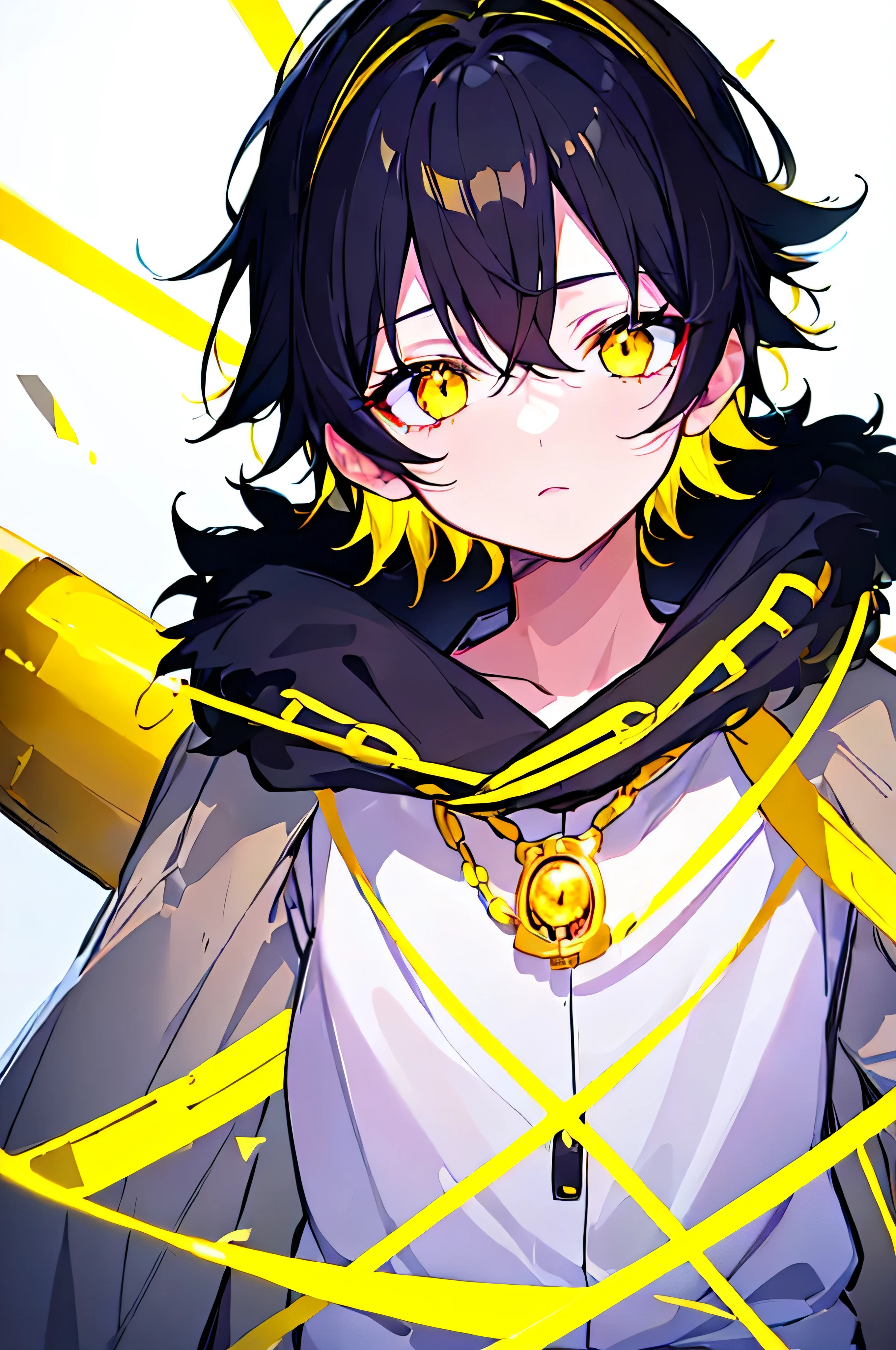 [(WHITE BACKGROUND:1.5),::5], ((((masterpiece)))), high quality, ultra very high resolution, full color, (((solo))), ((little boy)), black hair, ((yellow inner hair)), ((yellow eyes)), anime, ((upper body)), neon light, black parka, (yellow jewel effect:1.2)