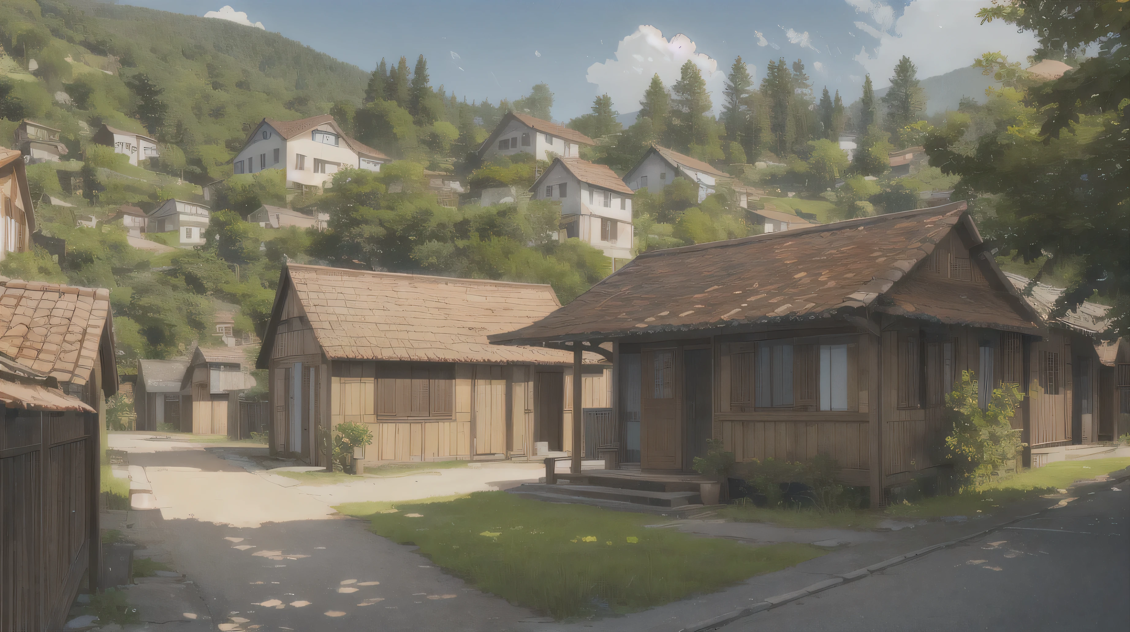 "Small wooden houses with red tiled roofs scattered across the village, surrounded by lush green trees."