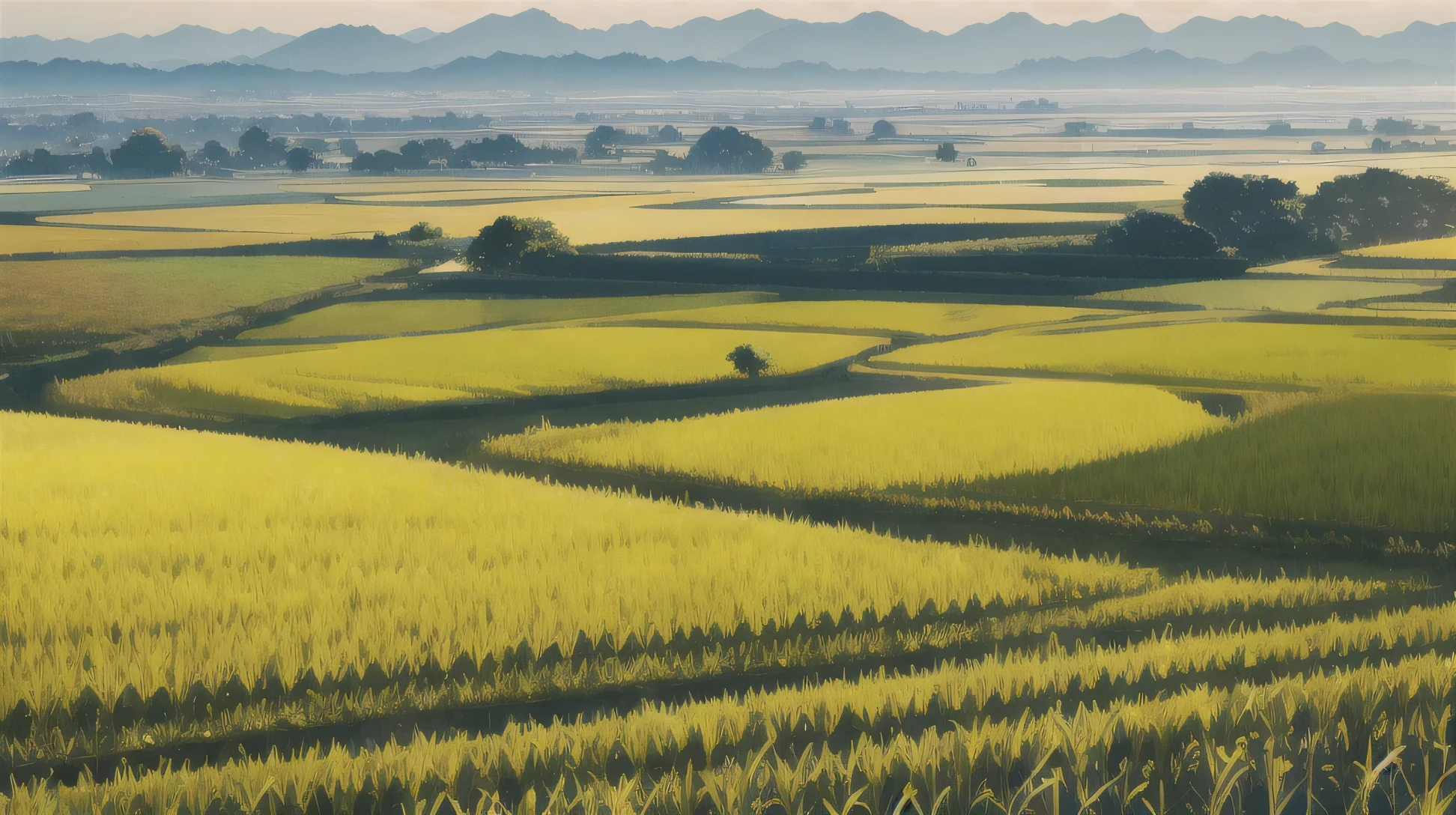 Vast rice fields stretched out to the horizon, the golden rice shimmering under the sunlight.