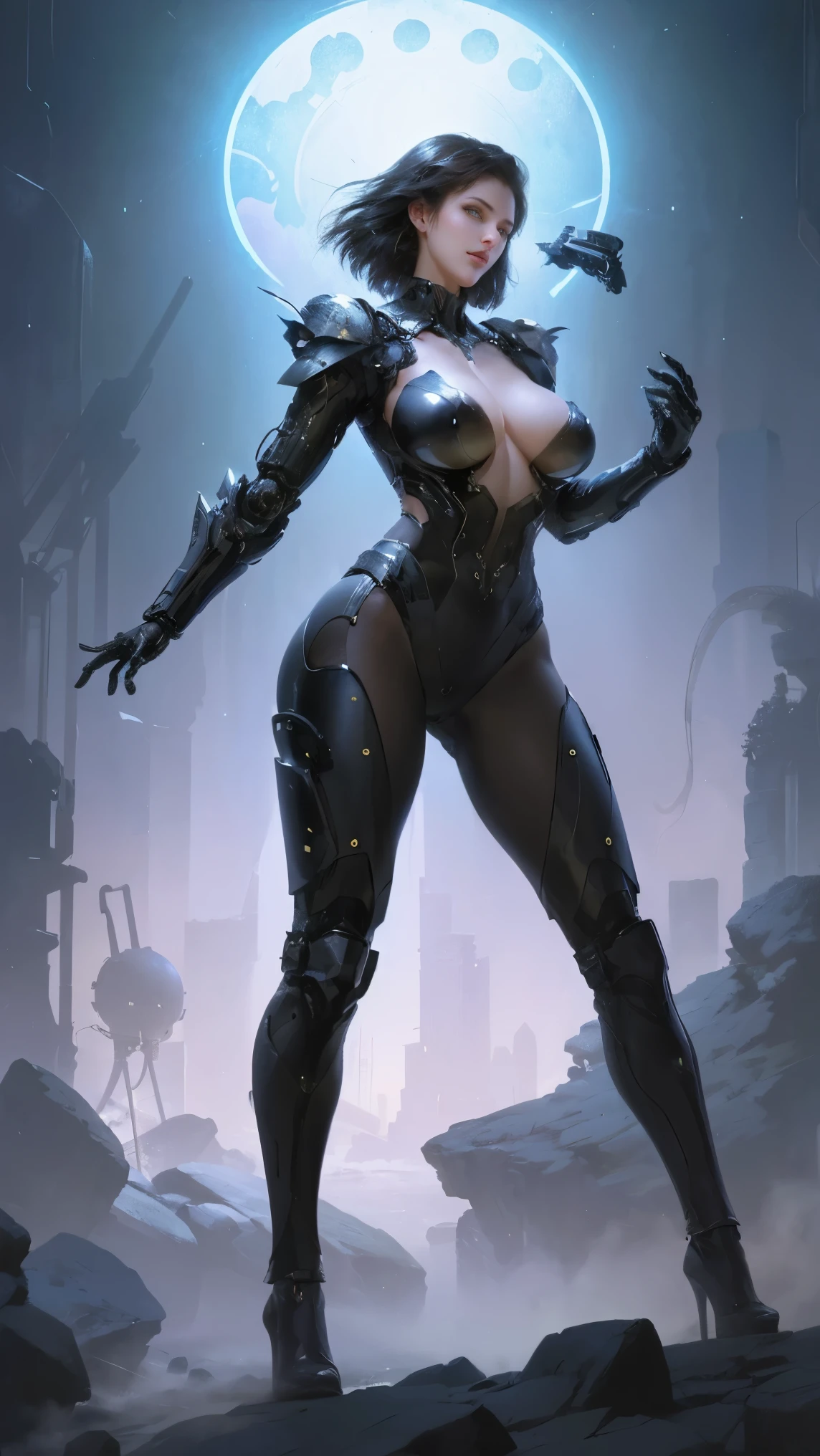 (((masterpiece))), (((best quality))), ((ultra-detailed)), (illustration), (detailed light), dramatic_shadow,(face shadow (extra detailed,best performance)),((1mechanical girl, mature woman,standing, sexy,)),solo, cybernetic detail, tight suit, ((full body, large breast, legs, high heels, thick thighs)),Cyberpunk,headset,Mechanical arm, (wearing smooth organic tech armor),full body shot,sci-fi,concept artists:0.9,futuristic technology,mathematical equations,algorithmic patterns,abstract geometry,fluorescent colors,vibrant hues,shimmering reflections,neon signs,electric glow,cybernetic implants,high-tech fashion,sleek and shiny surfaces,dark alleyways,mysterious figures,surveillance drones,hovering vehicles,billowing steam,seamless blend of nature and technology,crisp and clear details,energetic brush strokes,impressive light and shadow effects,mesmerizing composition,depth and perspective,playful and dynamic poses,expressive facial features,alluring gaze,summery atmosphere,revealing and stylish swimwear.