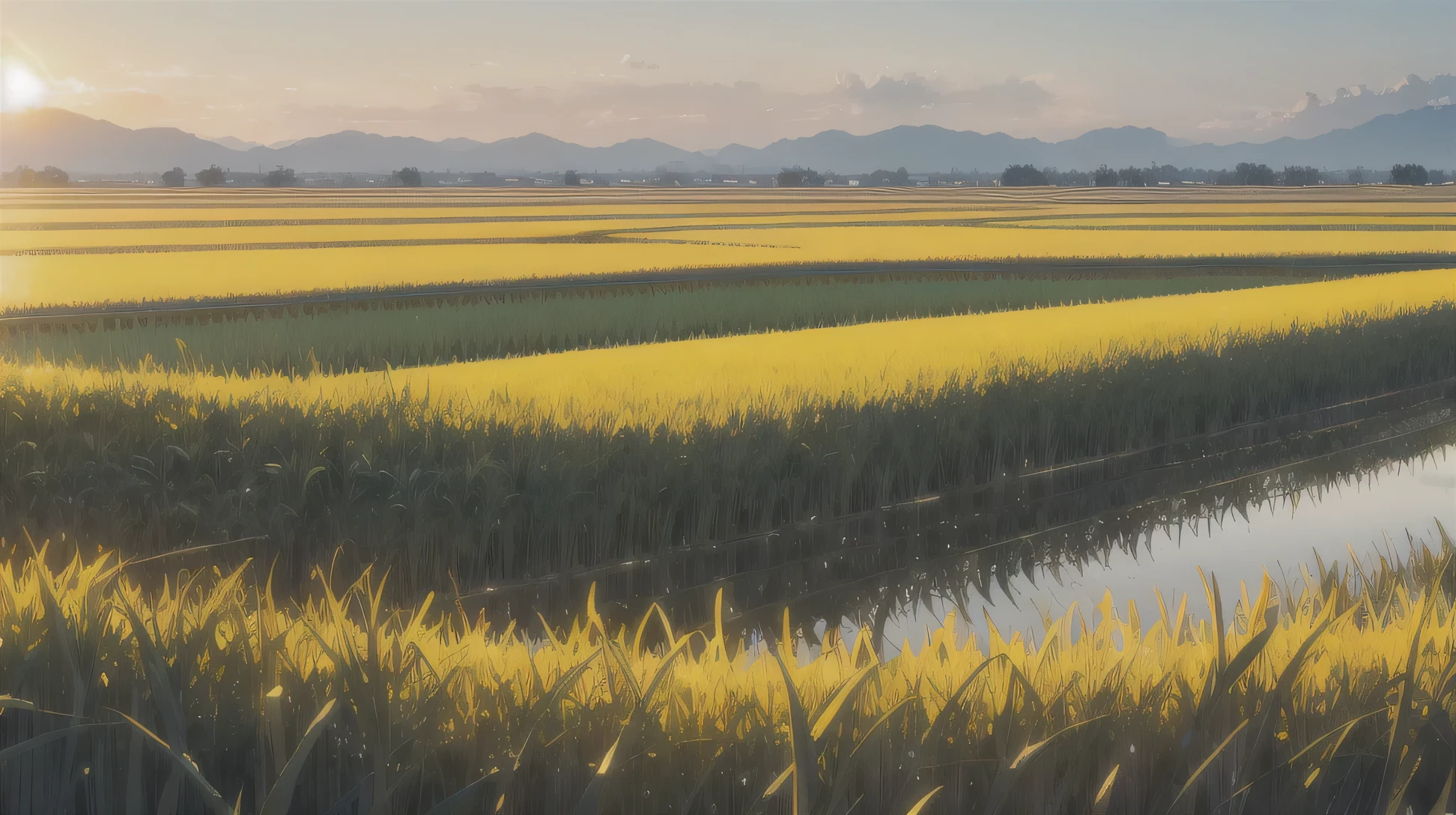 Vast rice fields stretched out to the horizon, the golden rice shimmering under the sunlight.