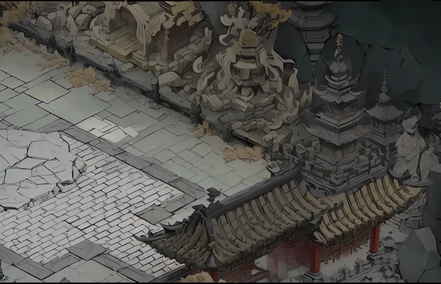 A game scene，Ancient ink painting，Chinese style，Xianxia style，The temple was once full of incense.，After a brutal battle, only，There are broken statues all around.、Stone Pillar、pagoda，Fragments falling to the ground、Remains，Even the texture of the ground is cracked and incomplete，Reference Mojing Game。