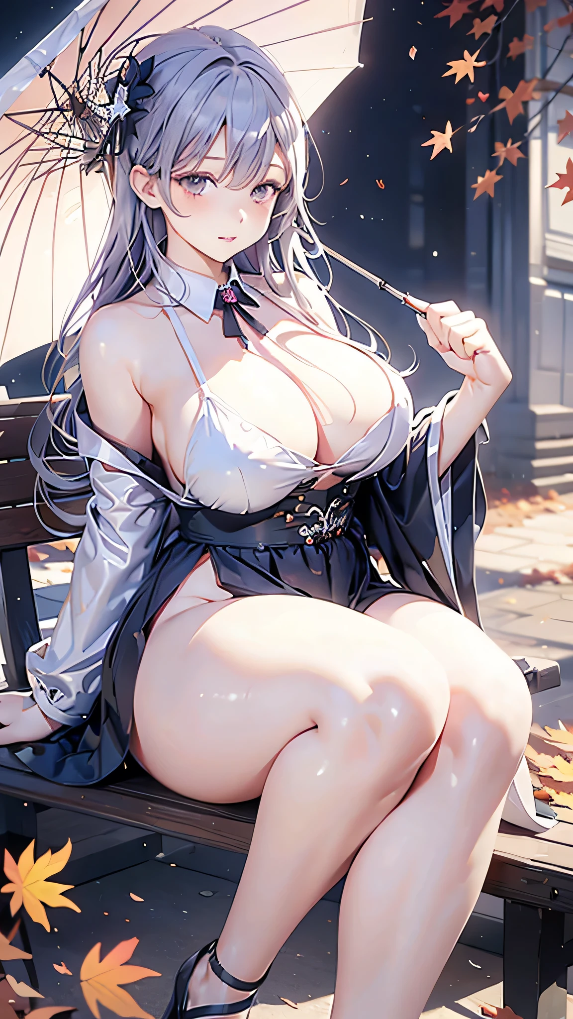 Backless,Fat buttocks,Delicateeyes,Long purple-gray hair,Backless Apron,blush,plump thighs,look up,Childlike giant breasts,White umbrella in hand decorated with red tassels,Sway with the wind,Adds a bit of agility。The clothing has rich layers,Sitting on a stone bench,Surrounded by autumn leaves,It was as if the whole world had stopped for her.