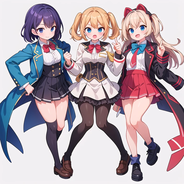 (((Best Quality))) , ((full body)), female, 3 girls, white background, random hairstyles, mini skirt, mess jacket, magical school,