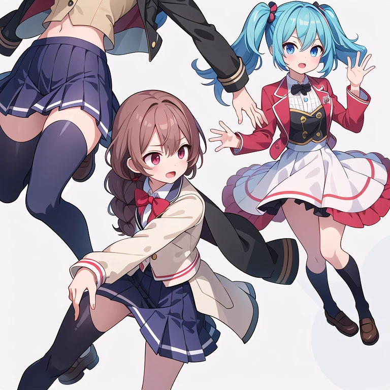 (((Best Quality))) , ((full body)), female, 3 girls, white background, random hairstyles, mini skirt,  mess jacket, magical school, bustier, Mess dress uniform,
