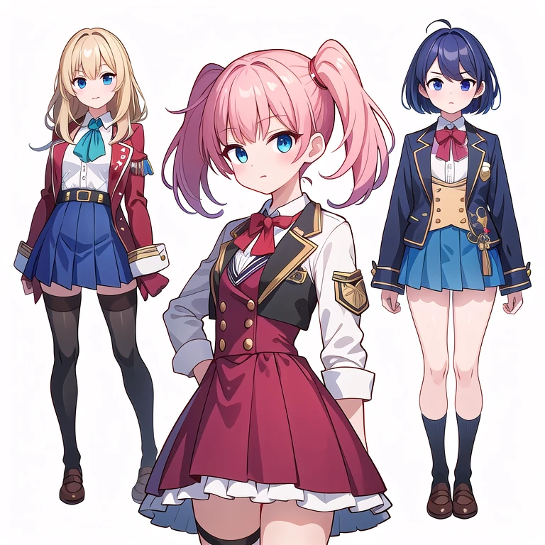 (((Best Quality))) , ((full body)), female, 3 girls, white background, random hairstyles, mini skirt, mess jacket, magical school, bustier, Mess dress uniform,